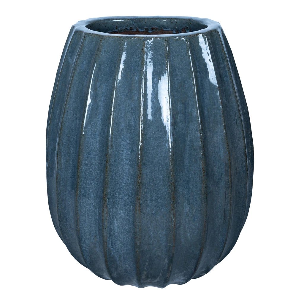 Lionne Blauwe keramische pot geribbelde bol rond L by PTMD