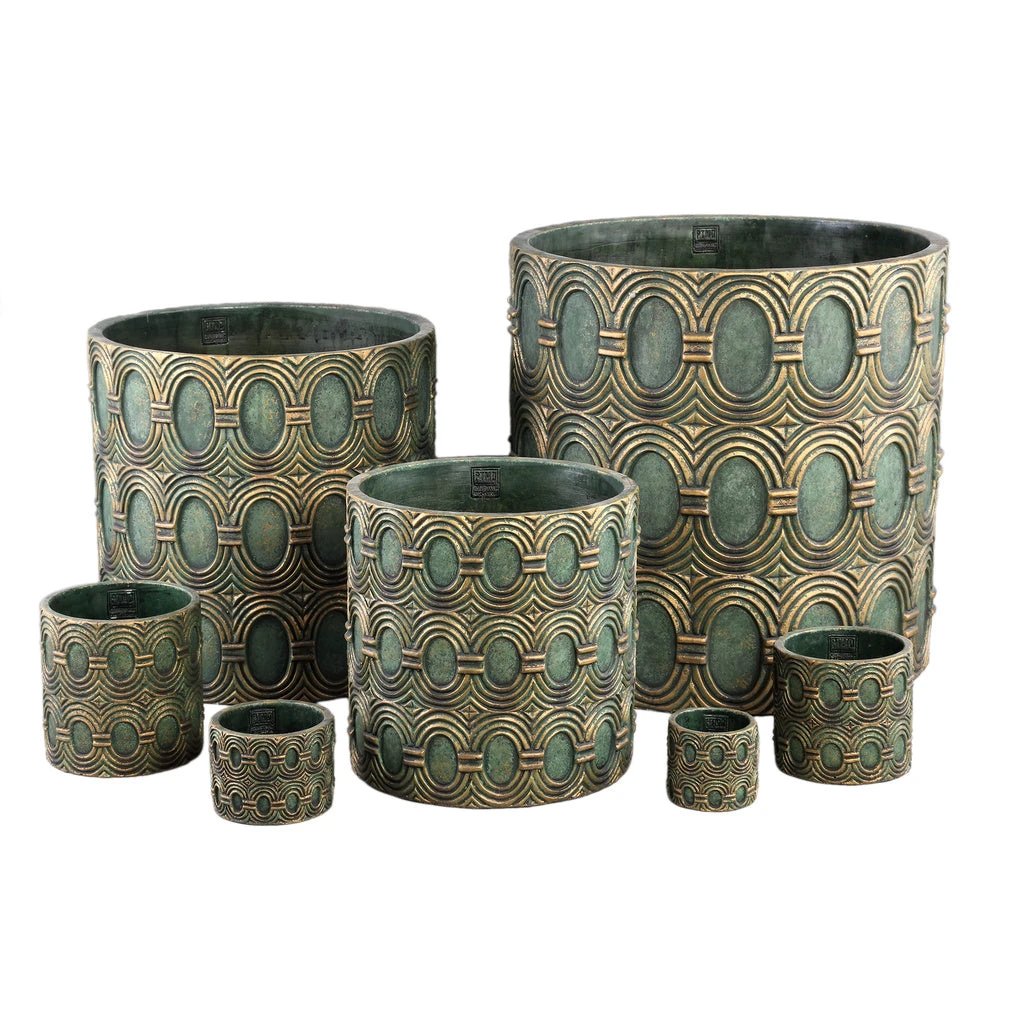Kamilla Groene cementen ronde pot goud art deco groot L by PTMD