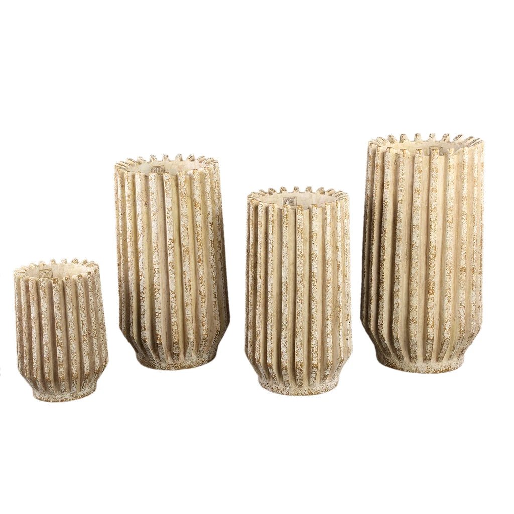 Zariya Crème cement ronde pot met geribbelde lijnen hoog S by PTMD