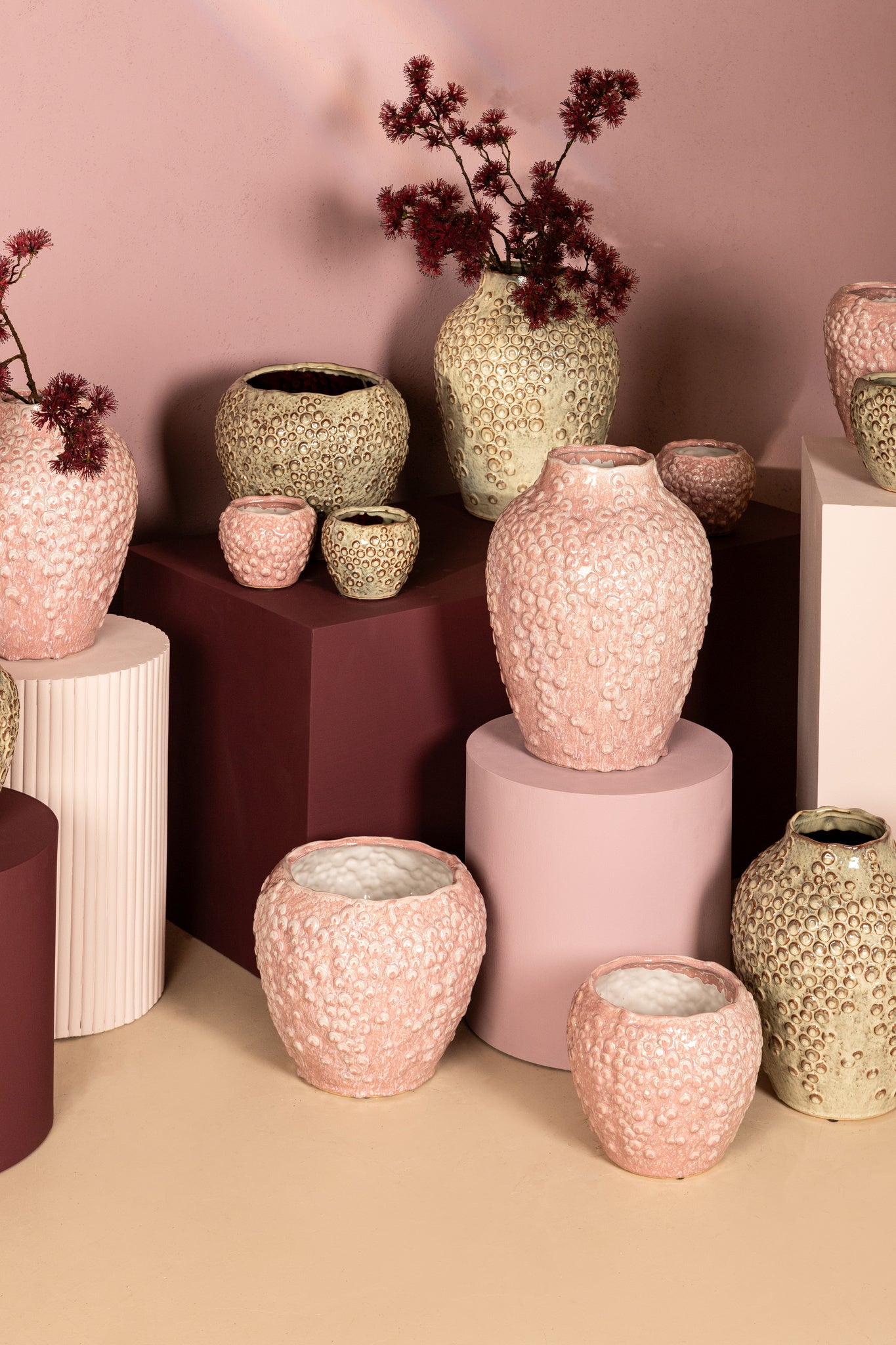 Avis Roze keramische pot rond gevormde schalen hoog L - depauwwonen