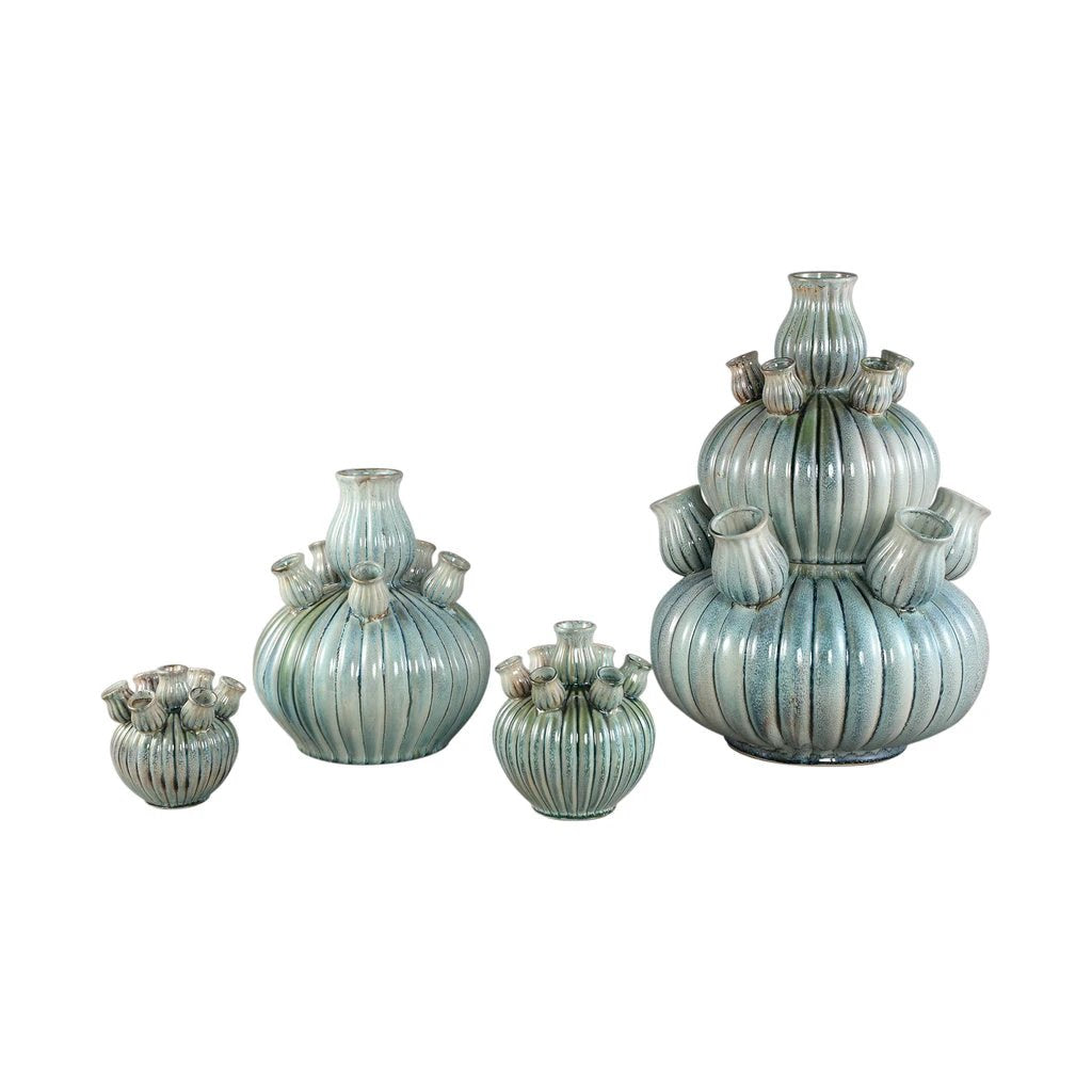 Nolou Turquoise keramische tulpvaas geribbeld rond L by PTMD