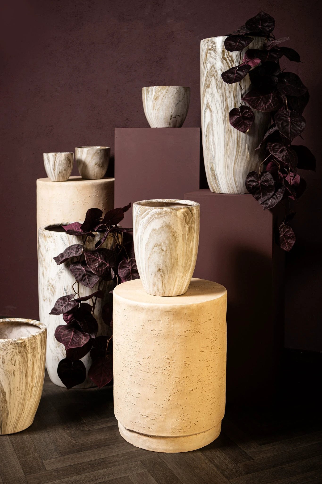 Miah Beige Keramische Marmeren Pot Set Van 2 Hoog by PTMD