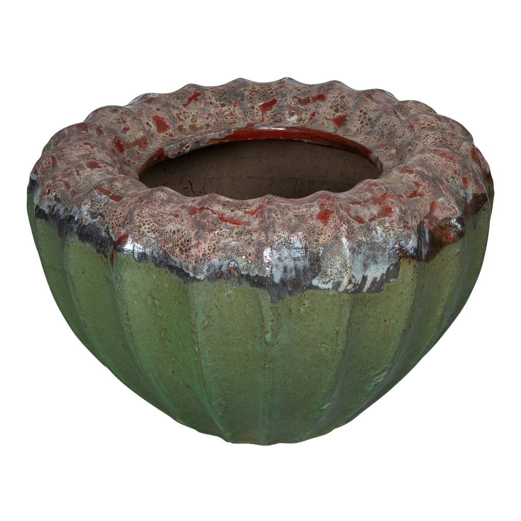 Jinah Groene keramische pot biologisch geribbeld rond L by PTMD