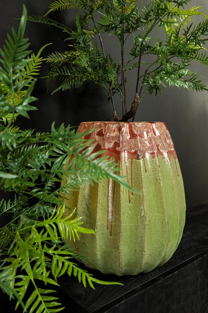 Lionne Groene keramische pot geribbelde bol rond S by PTMD