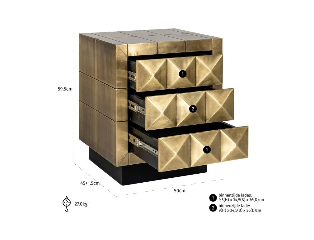 Nachtkastje Collada Goud - 3 Laden - depauwwonen