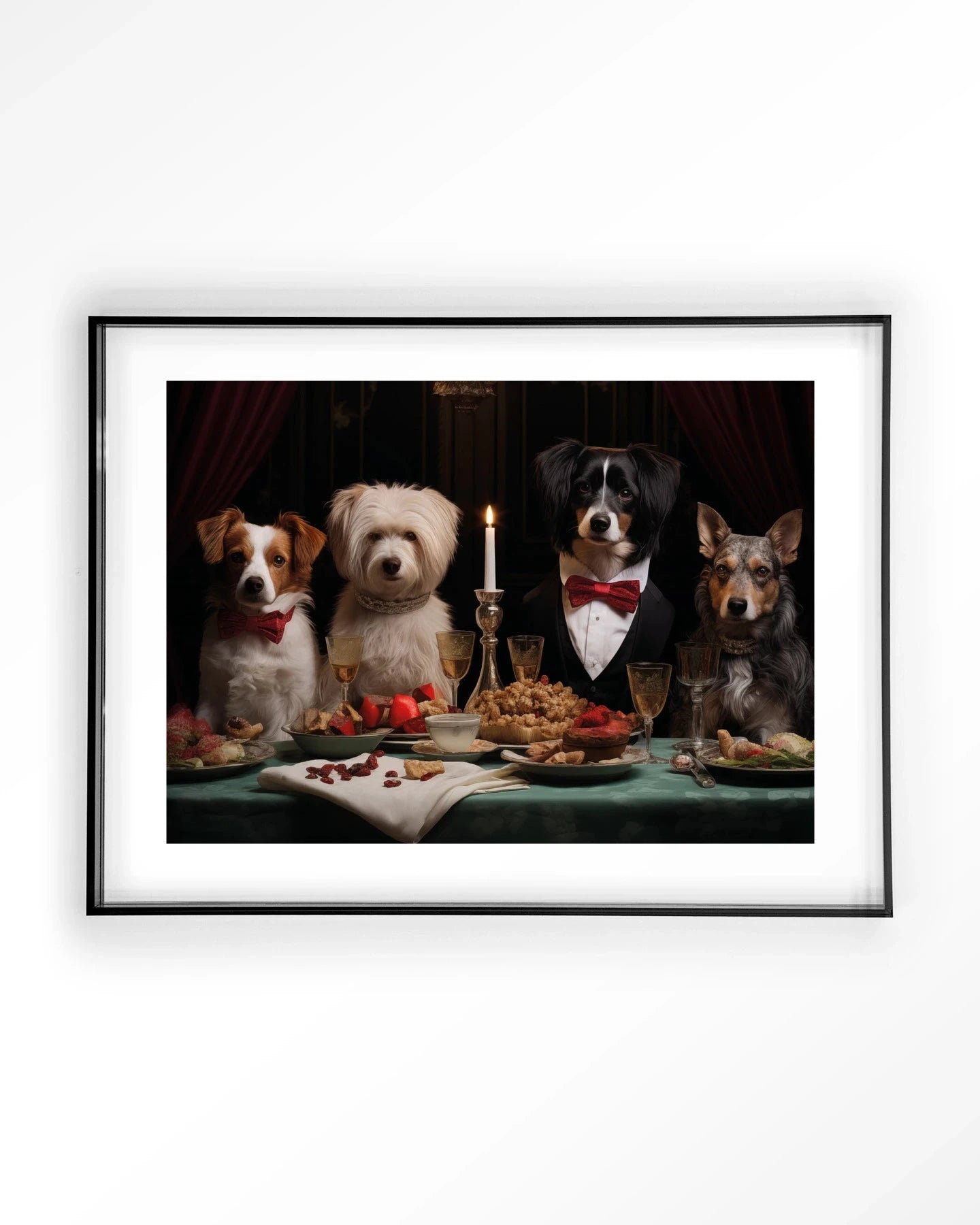 Moderne hondenkunstprint "Dog Dinner" van Urban Cotton, ingelijst in zwart, geschikt als wanddecoratie of kunstwerk.