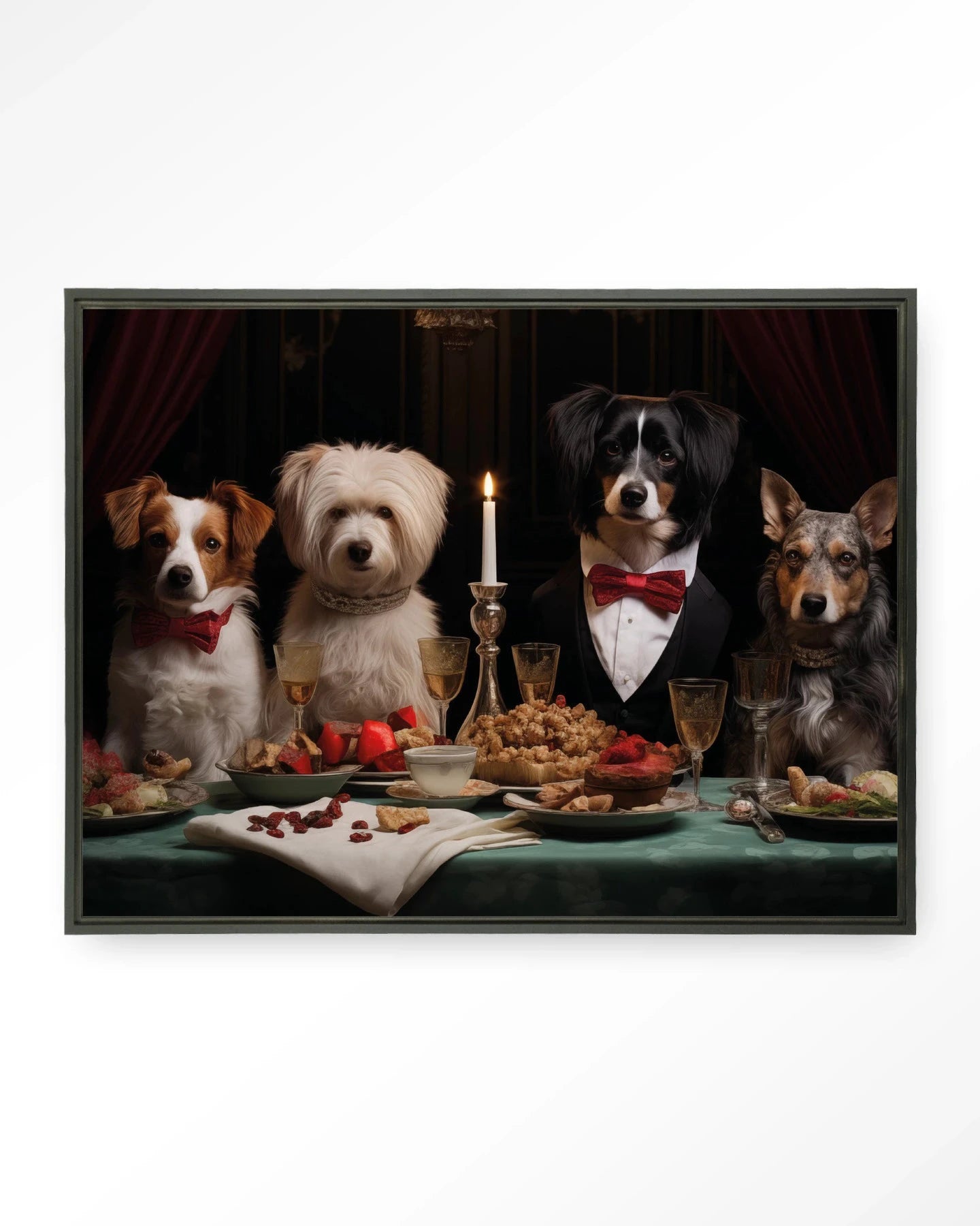 Moderne kunstprint 'A Dog Dinner' van Urban Cotton, wanddecoratie met hondenmotief in zwart frame en glas artprint.