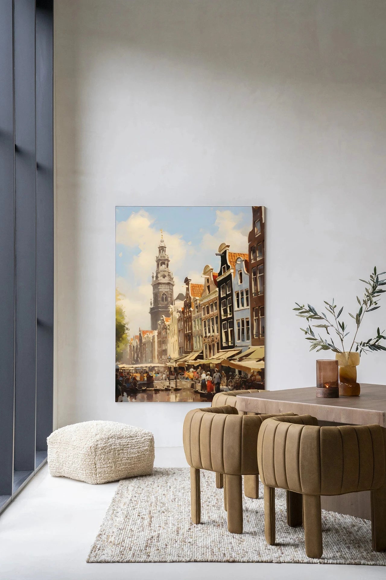 Moderne Amsterdam wanddecoratie van Urban Cotton, inclusief wandkleed en kunstprint met stadsgezicht in heldere kleuren