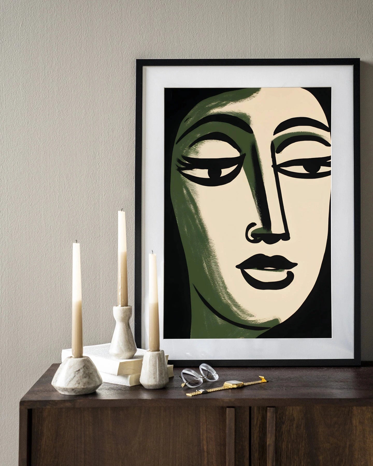 Moderne kunstwanddecoratie Artemis met houten frame in zwart, inclusief artprint, glaskunst en wandkleed van Urban Cotton