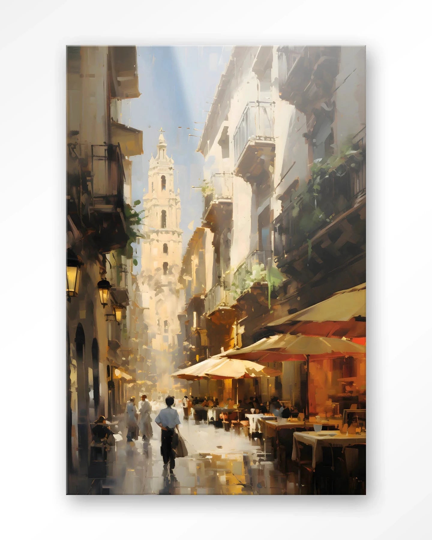 Moderne Barcelona kunstwanddecoratie met glasprint en wandkleed van Urban Cotton, kleurrijk en artistiek voor aan de muur