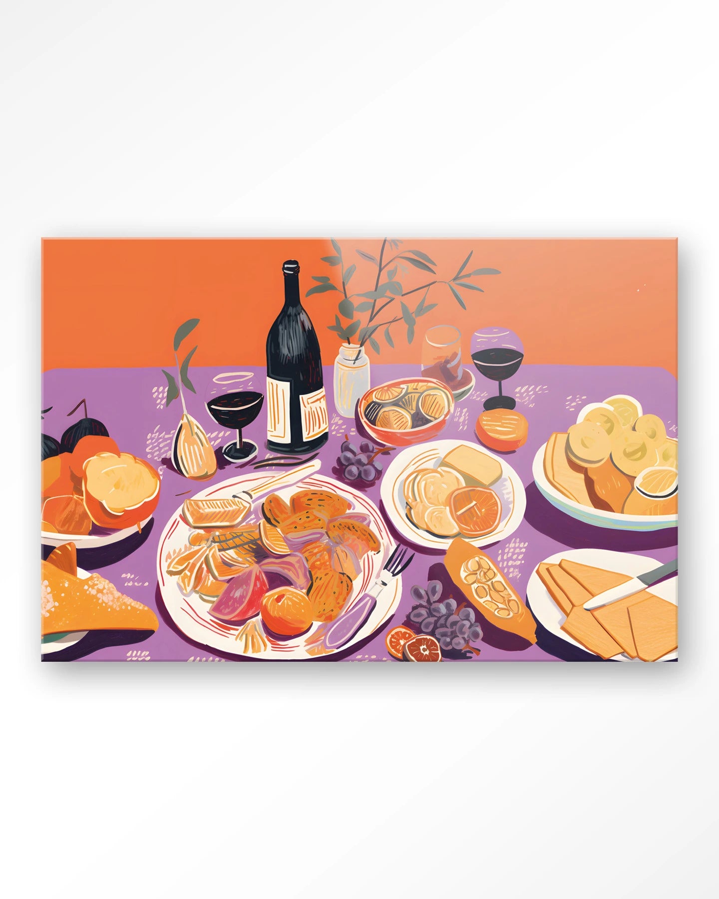 Moderne wanddecoratie kunst van Urban Cotton, glas art en wandkleed met afbeelding van een Bourgondische tafel.