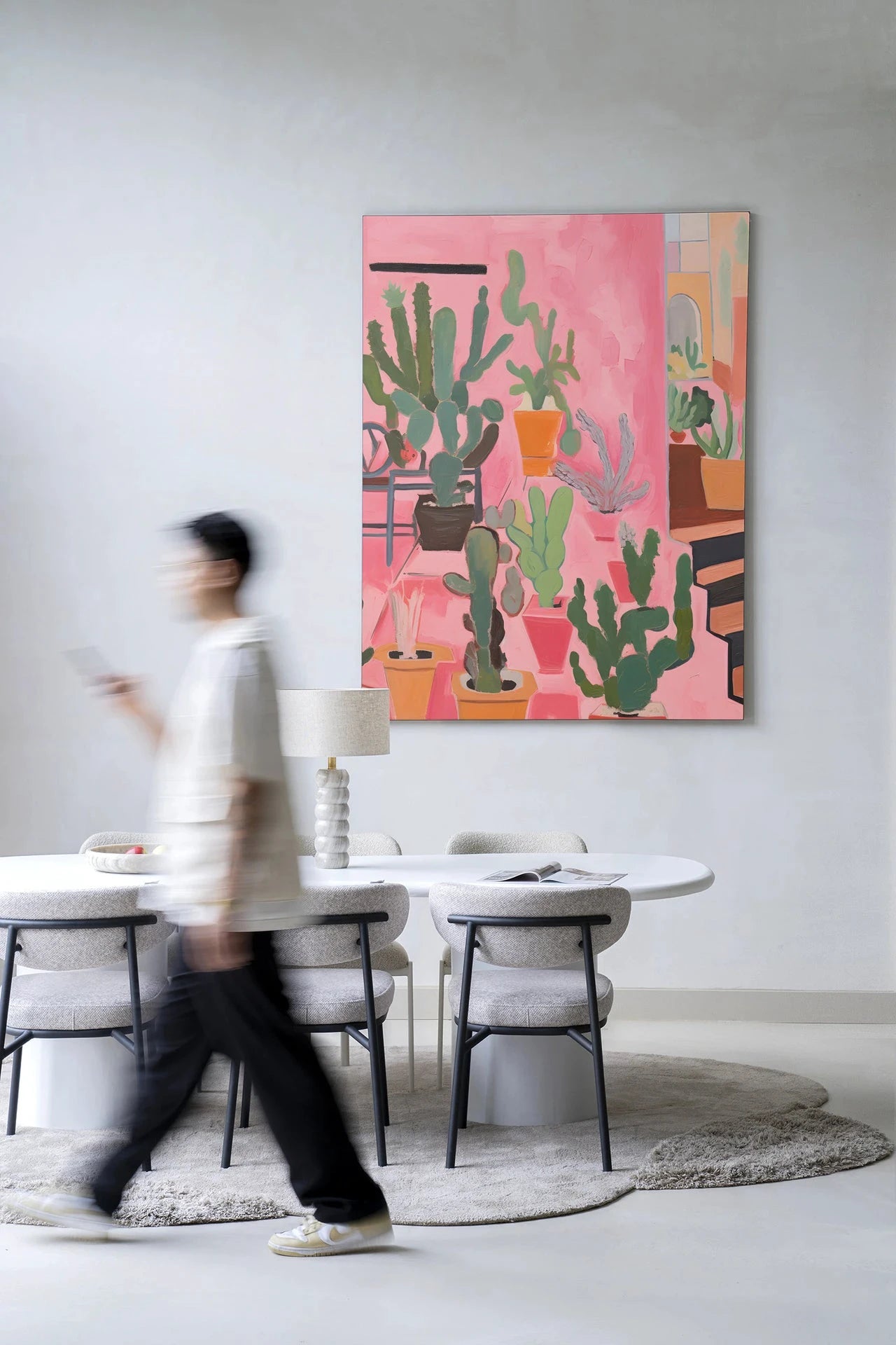 Moderne cactus kunstwanddecoratie van Urban Cotton, inclusief wandkleed en artprint met cactus design en glazen kunst.