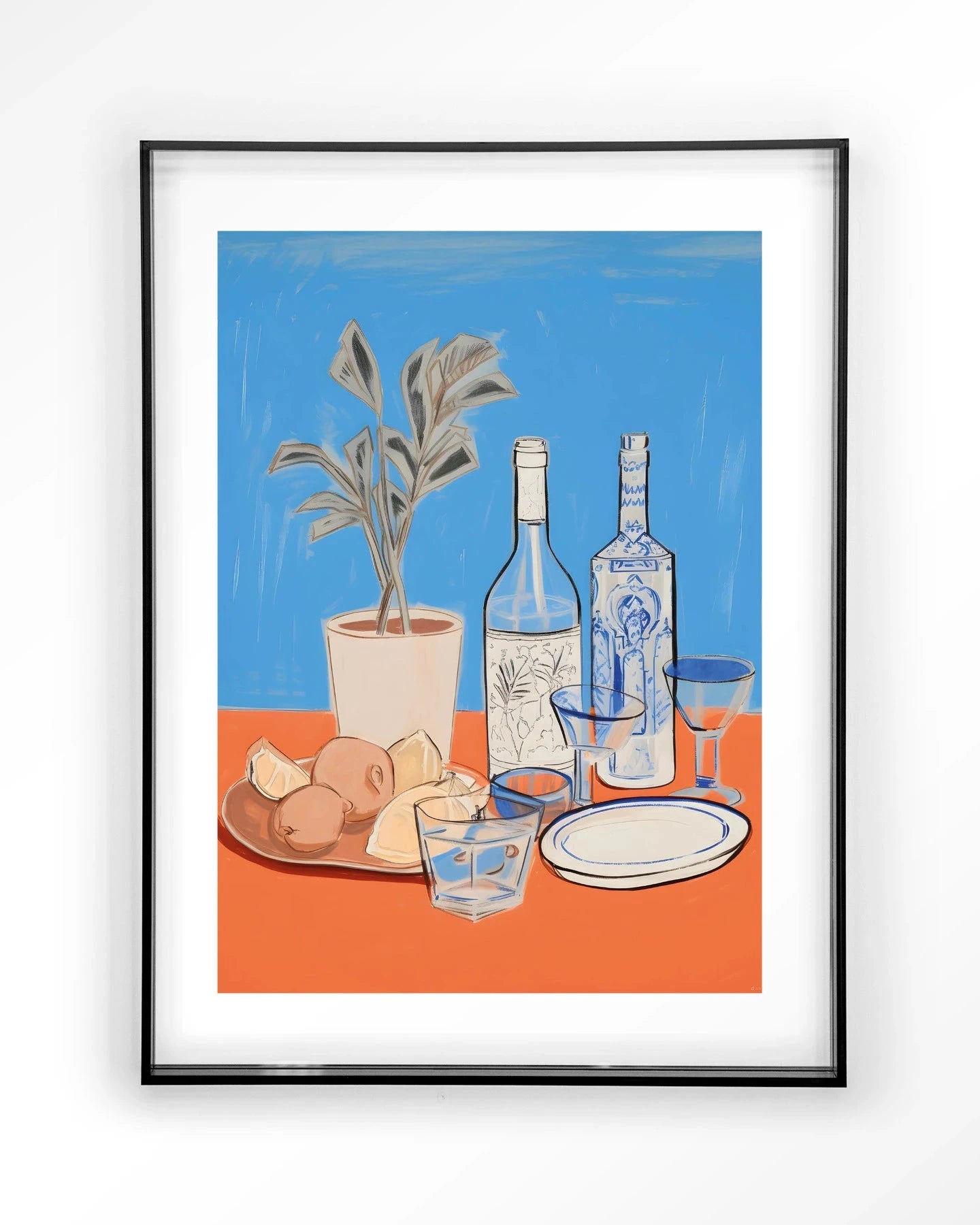 Moderne wanddecoratie kunst met cocktailtafel ontwerp, zwart acryl frame, glas artprint en wandkleed van Urban Cotton.