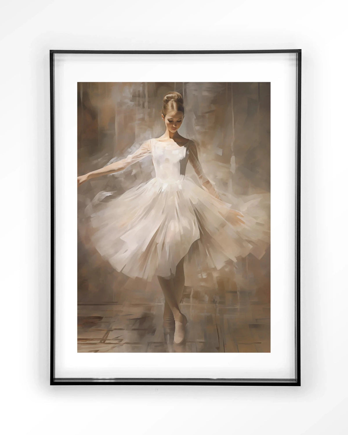 Moderne wanddecoratie van Urban Cotton met dansende ballerina, artprint op glas met zwarte lijst, stijlvolle muurkunst.