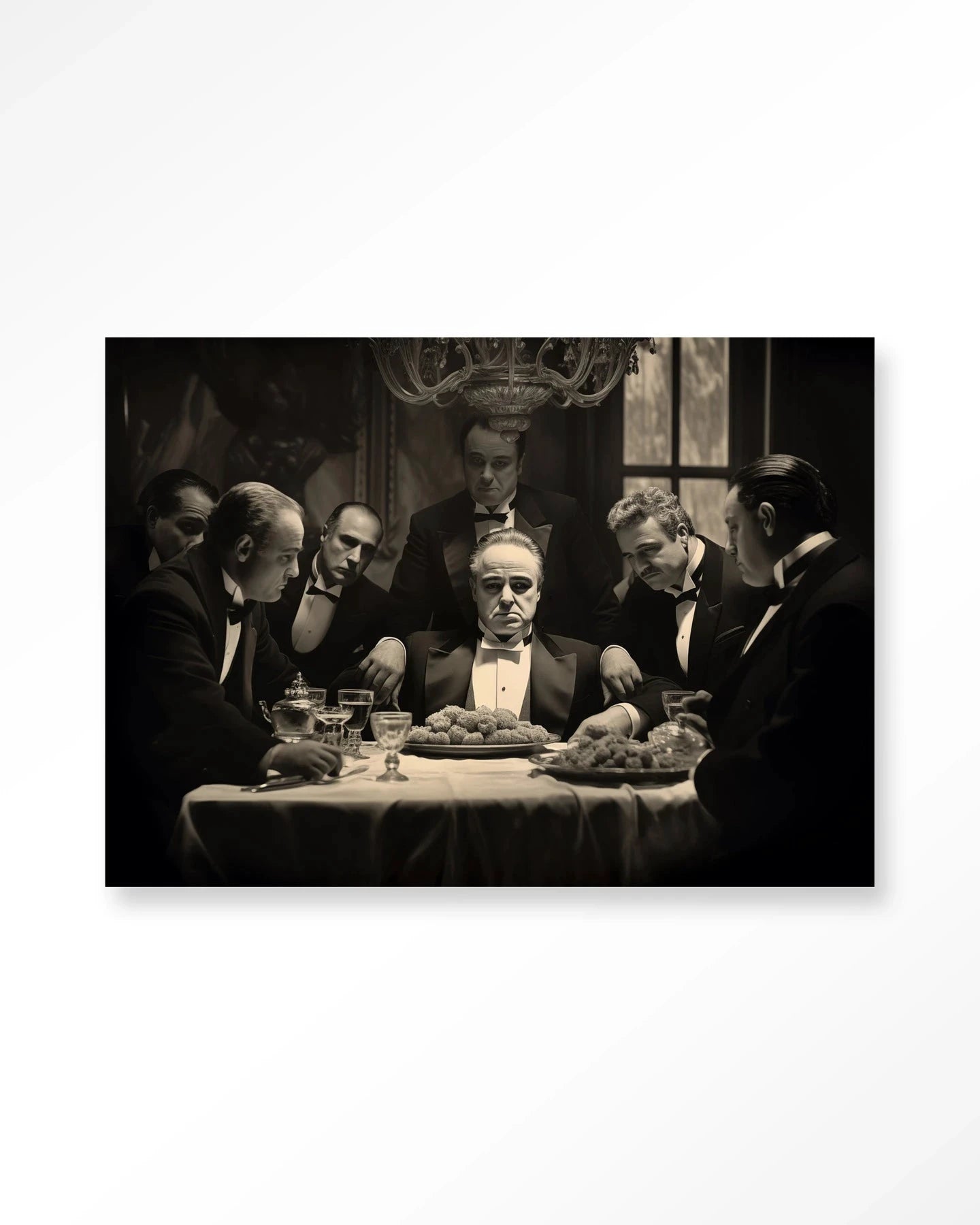 Moderne kunstprint "Dinner With Gangsters" van Urban Cotton, glasart en wandkleed voor stijlvolle wanddecoratie in huis.