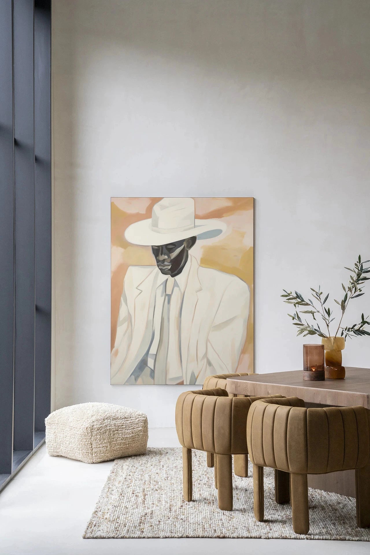 Moderne wanddecoratie van Dusty Don door Urban Cotton, kunstprint met glas en wandkleed met abstracte design.