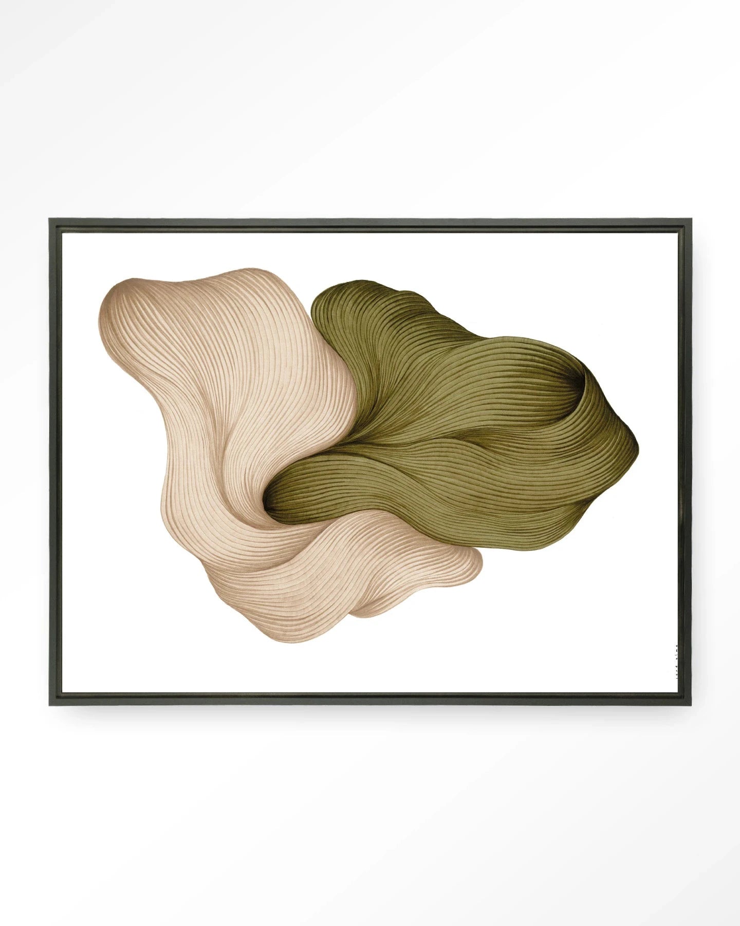 Moderne wanddecoratie van Urban Cotton, kunstprint en glasart, elegant wandkleed met zwart frame, abstract ontwerp voor interieur.