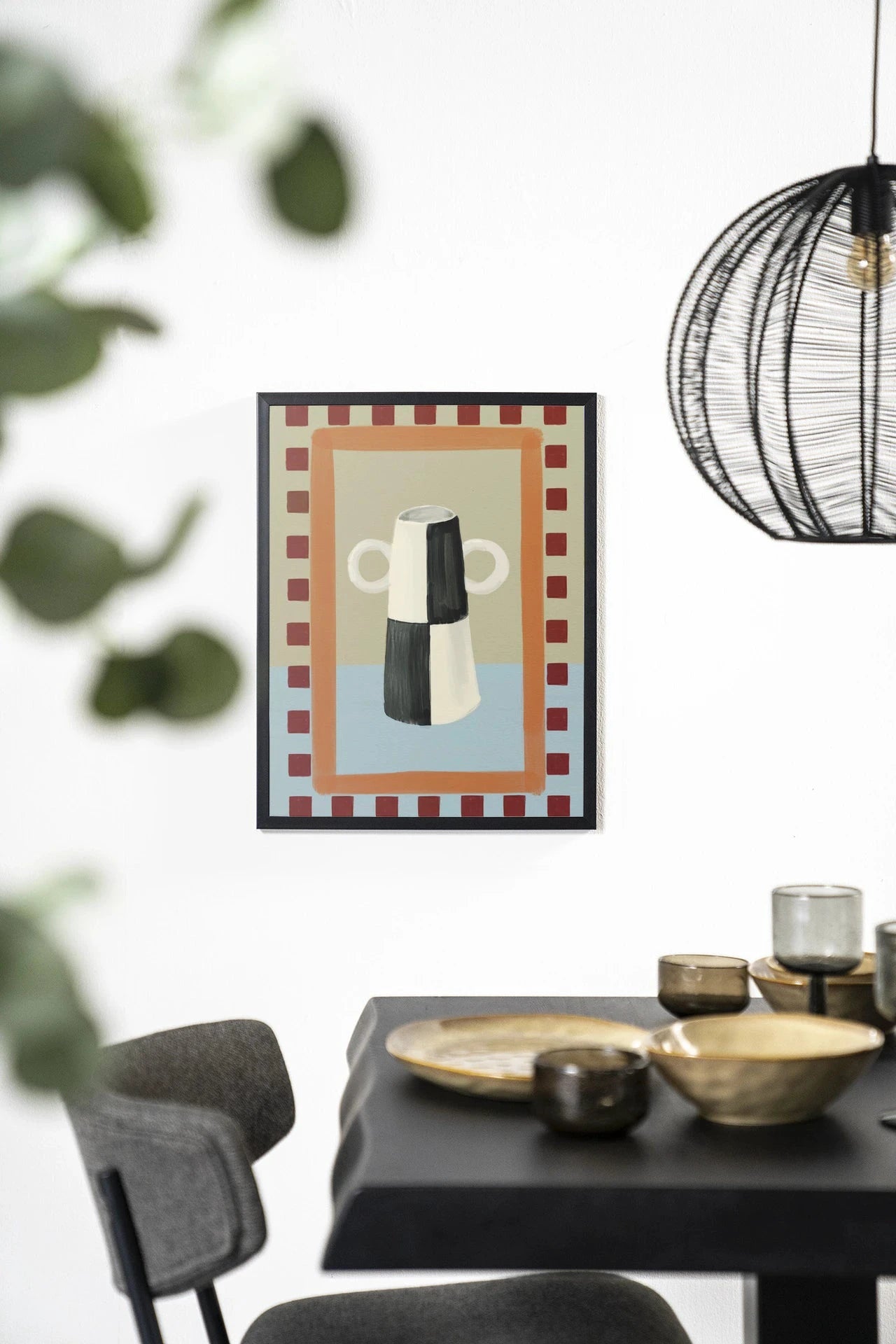 Eclectic Series 3 kunstwerk van Urban Cotton met houten lijst en zwart achtergrond, moderne wanddecoratie met glas en textiel.
