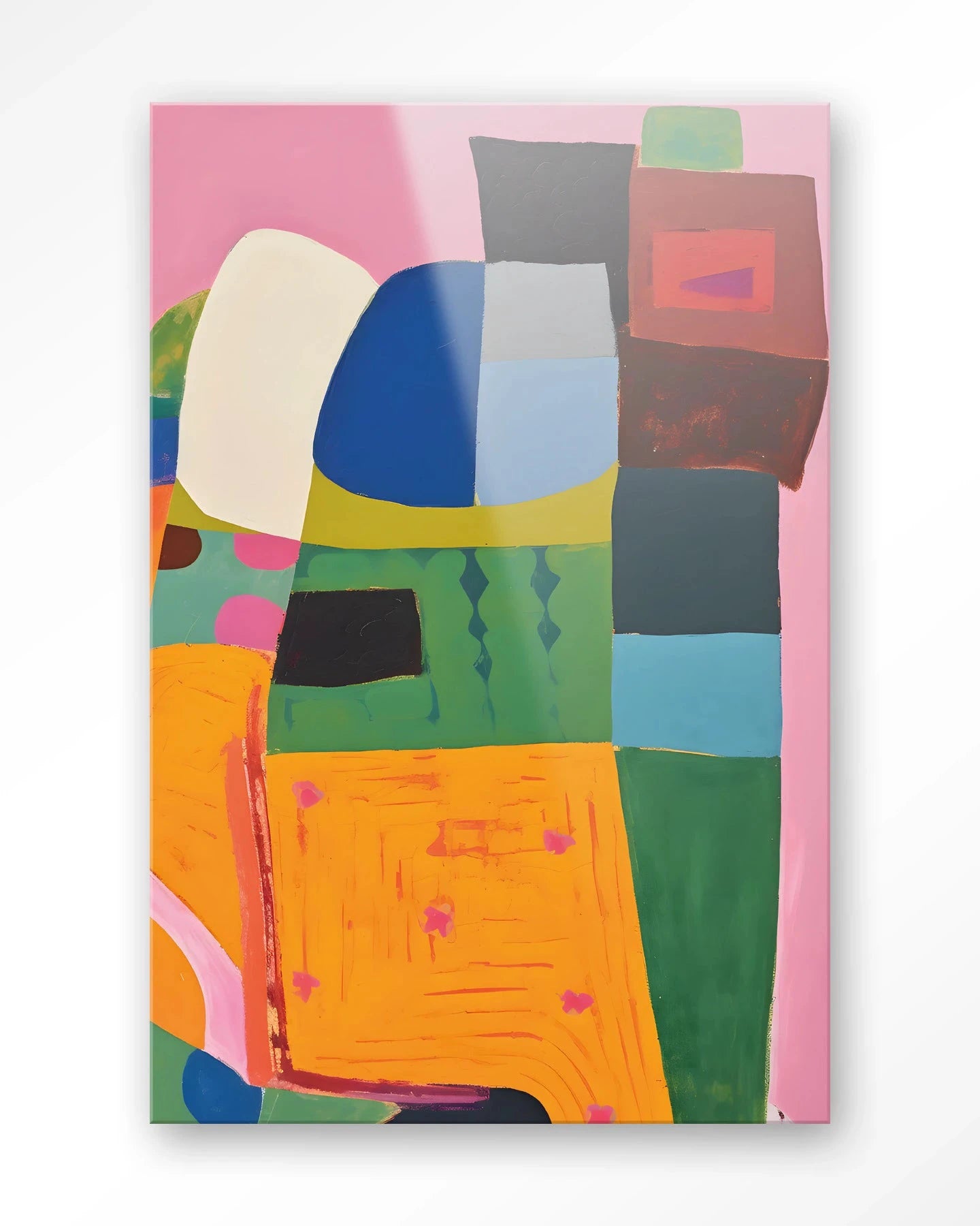 Moderne kunstwanddecoratie met kleurrijk glasartprint en wandkleed van Urban Cotton, abstracte kunst voor aan de muur