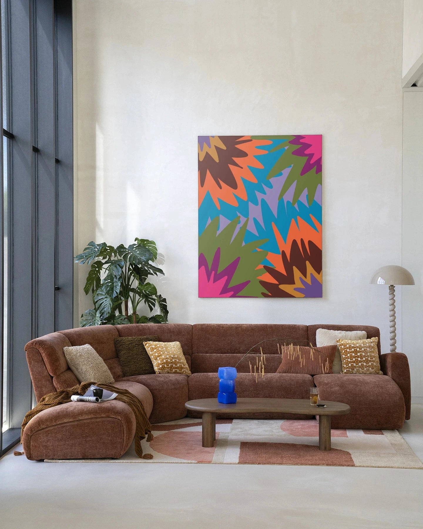Moderne vuurwerk wanddecoratie door Urban Cotton, kunstprint op glas en wandkleed met kleurrijk vuurwerkontwerp.