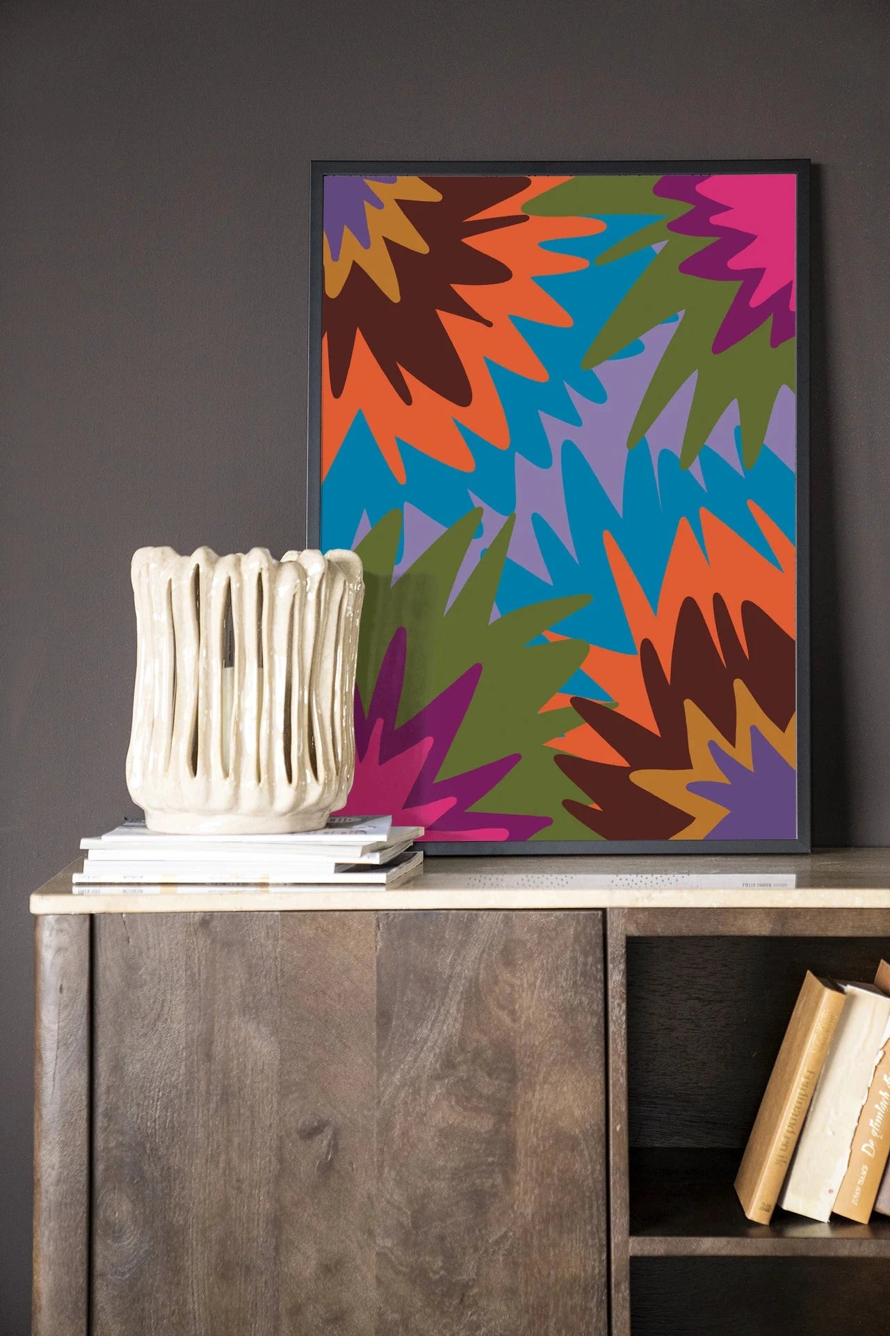 Moderne vuurwerkkunst in zwart houten frame, glas art en wandkleed, Urban Cotton muurdecoratie, kleurrijk en opvallend design