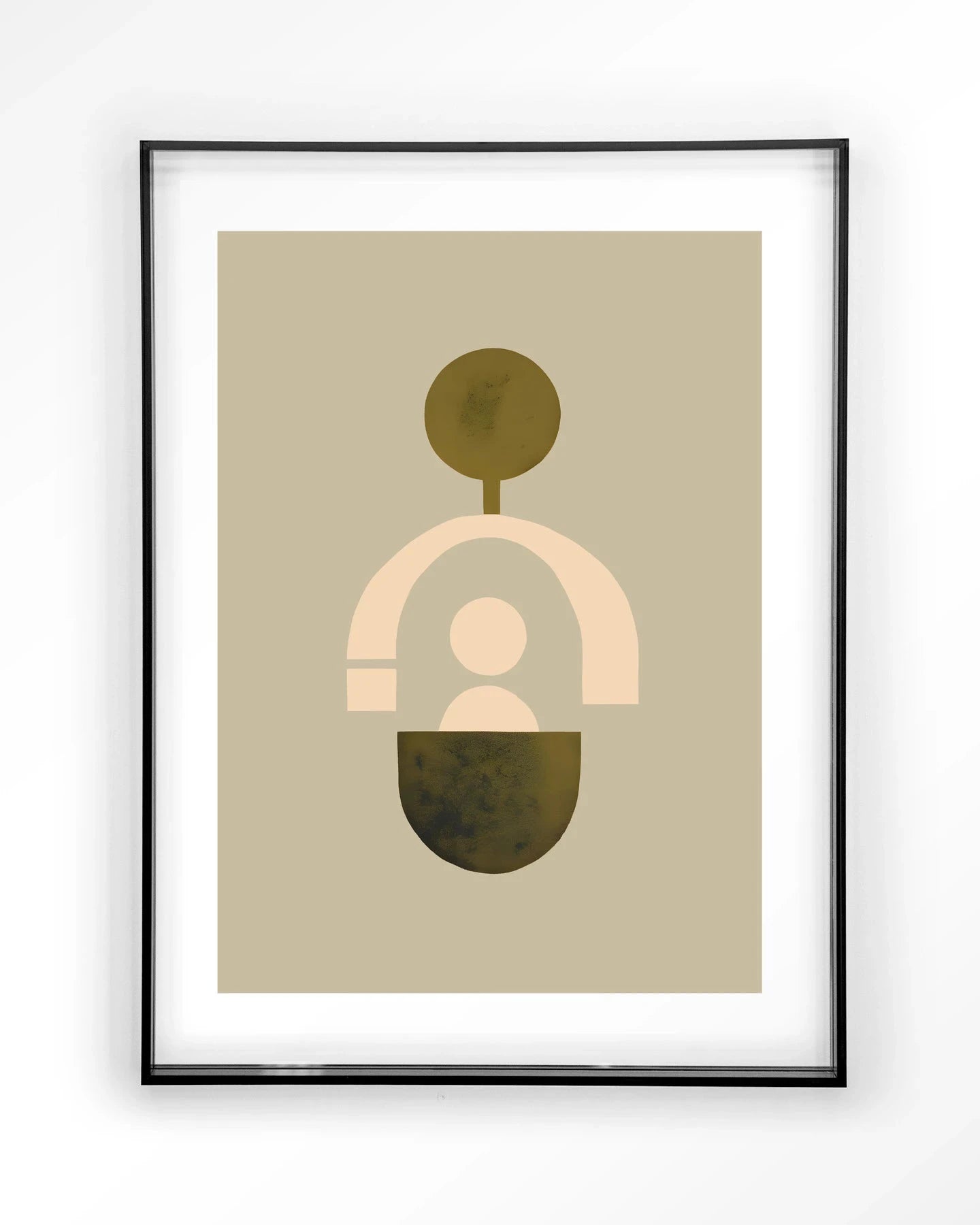 Moderne beige kunstwanddecoratie van Urban Cotton, inclusief artprint en acrylframe op zwarte achtergrond.