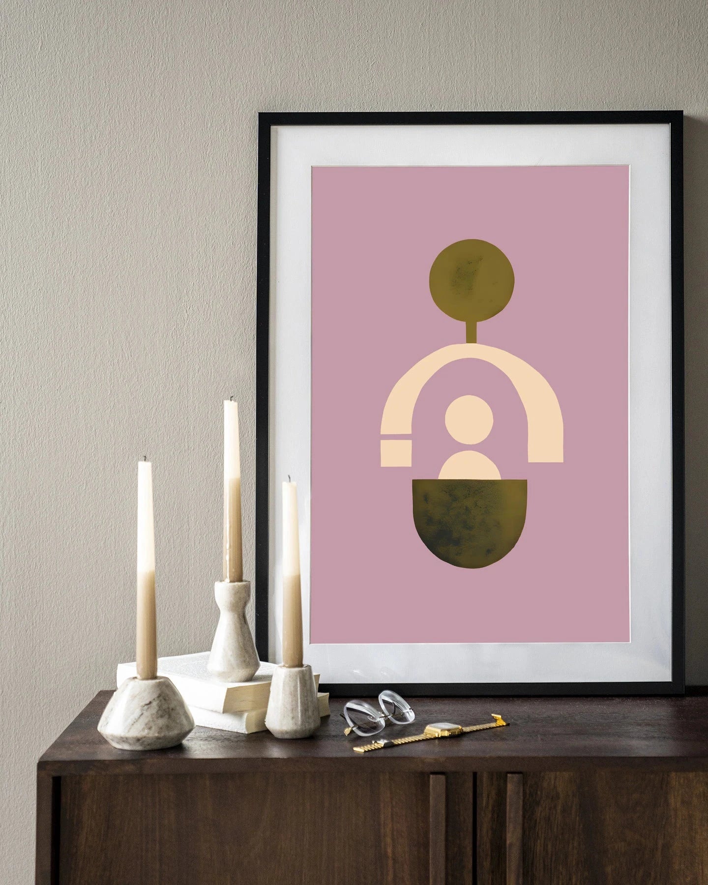 Moderne Lilac kunstwerk met houten lijst, zwart frame, door Urban Cotton, wanddecoratie met glas art en wandkleed.