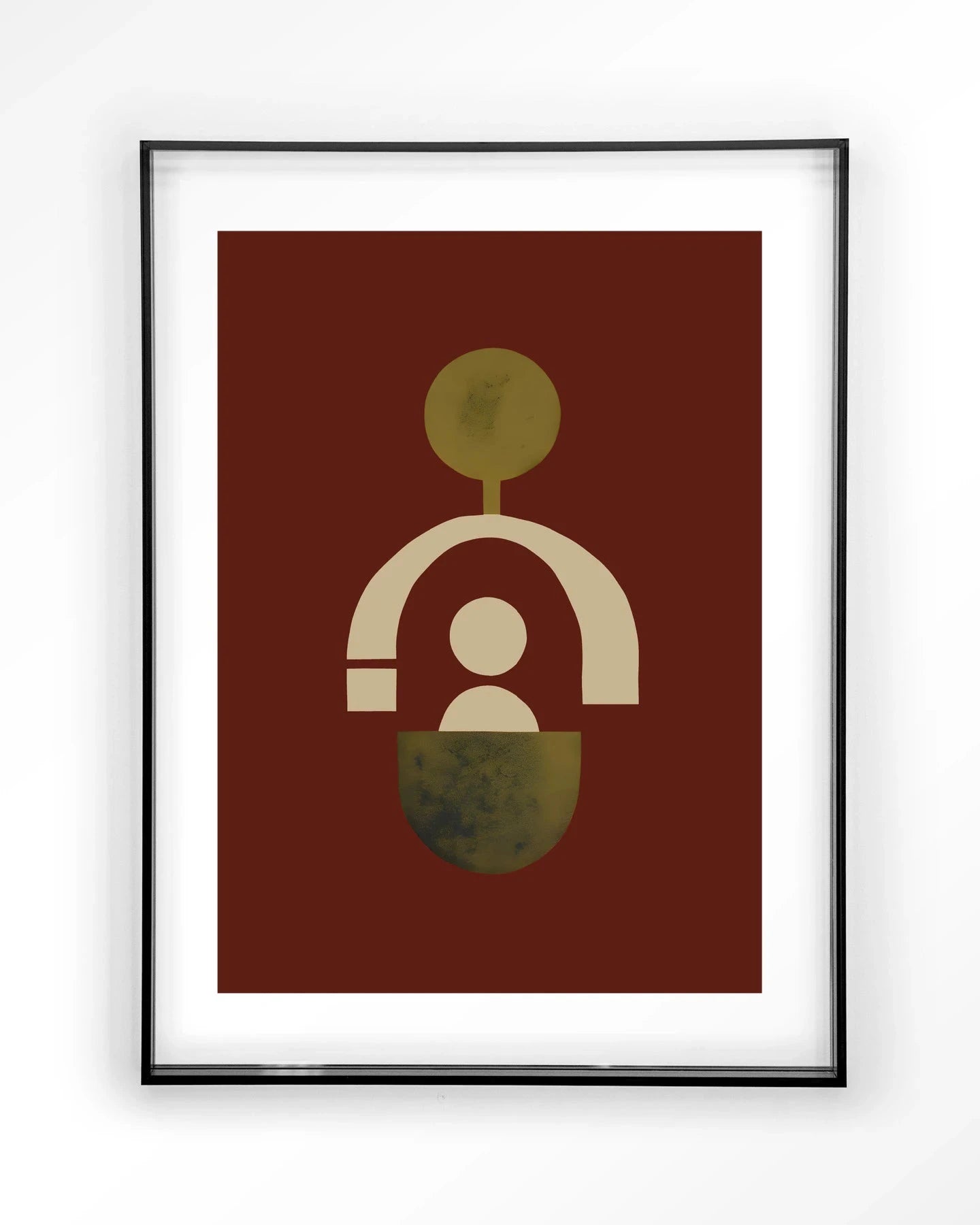 Moderne kunstprint "Forma 2 Red" van Urban Cotton met acrylframe en zwart wandkleed, kleurrijke abstracte wanddecoratie.