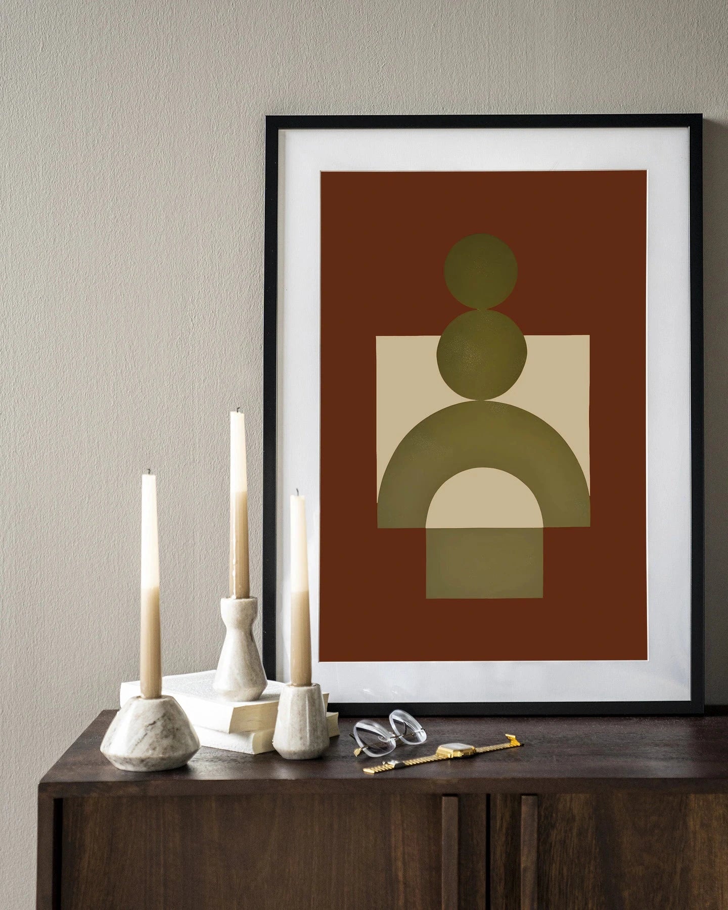 Moderne kunstwerk Forma 3 Red met houten lijst, zwart frame en glas, Urban Cotton wanddecoratie voor muur.