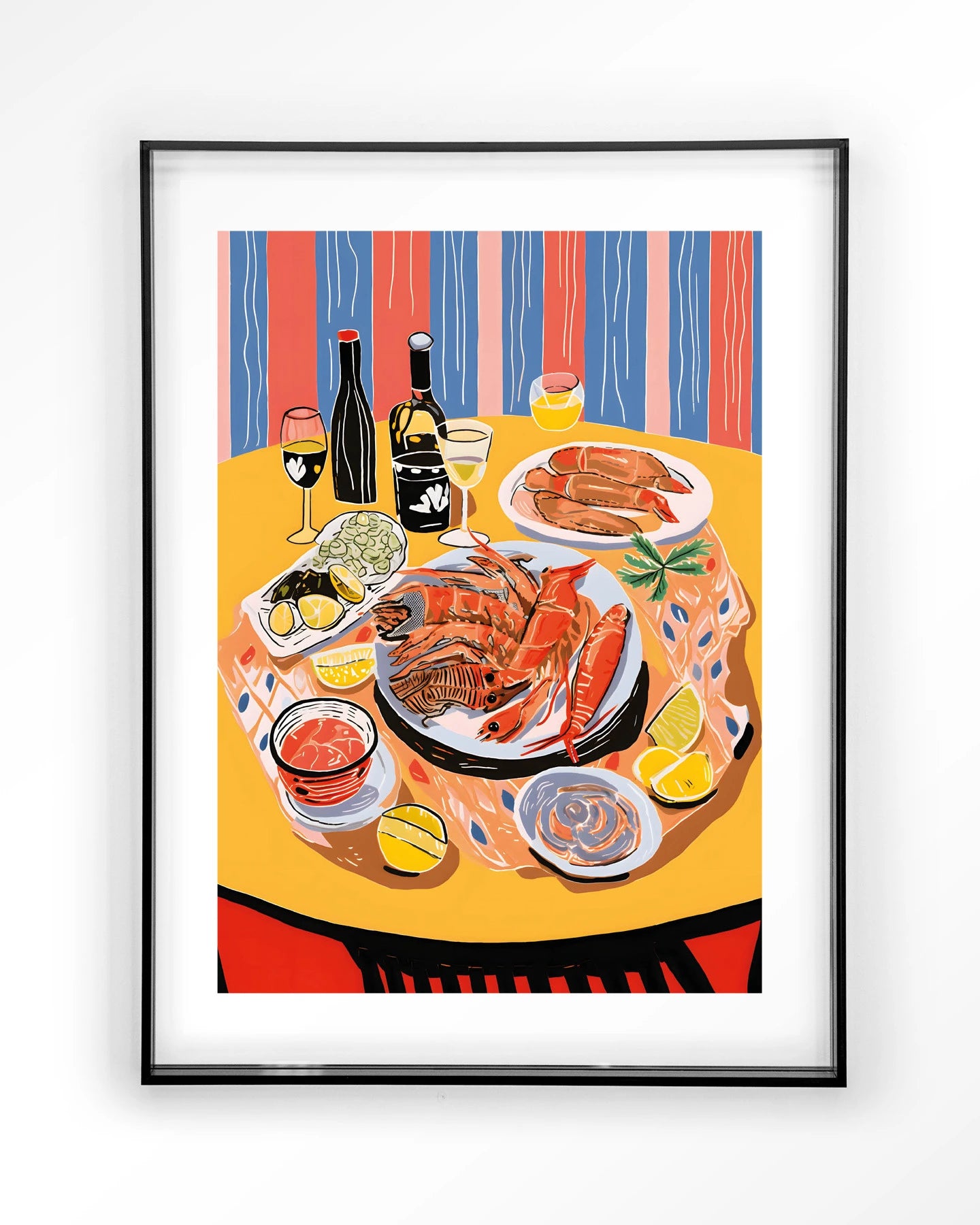 Moderne Fruits de Mer kunstprint met acryl frame in zwart, wanddecoratie van Urban Cotton met glas en textuur.