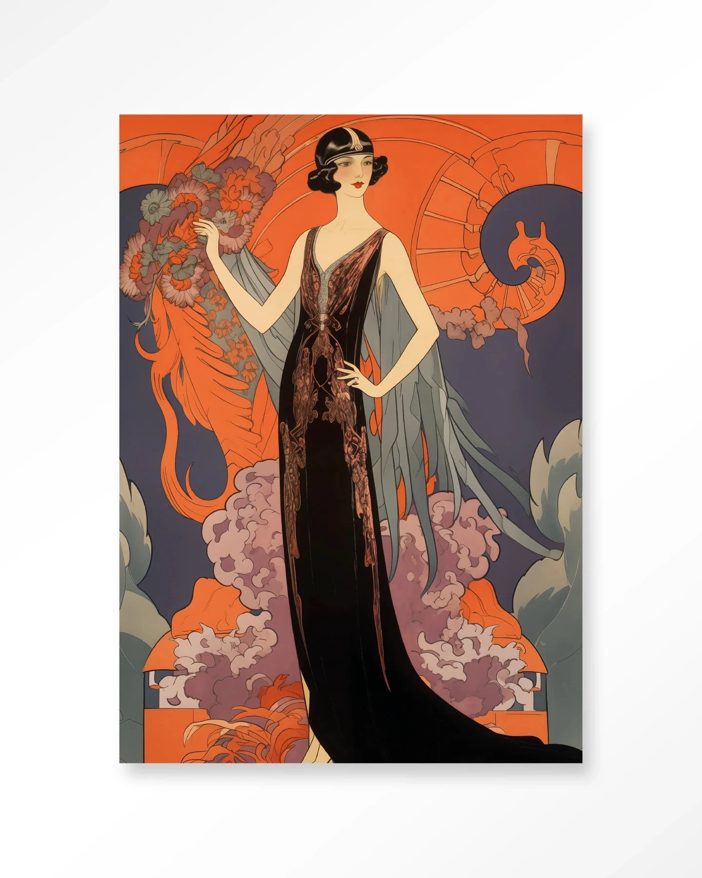 Moderne wanddecoratie van Urban Cotton met kunstprint, glazen kunstwerk en wandkleed met afbeeldingen van Gatsby Lady.