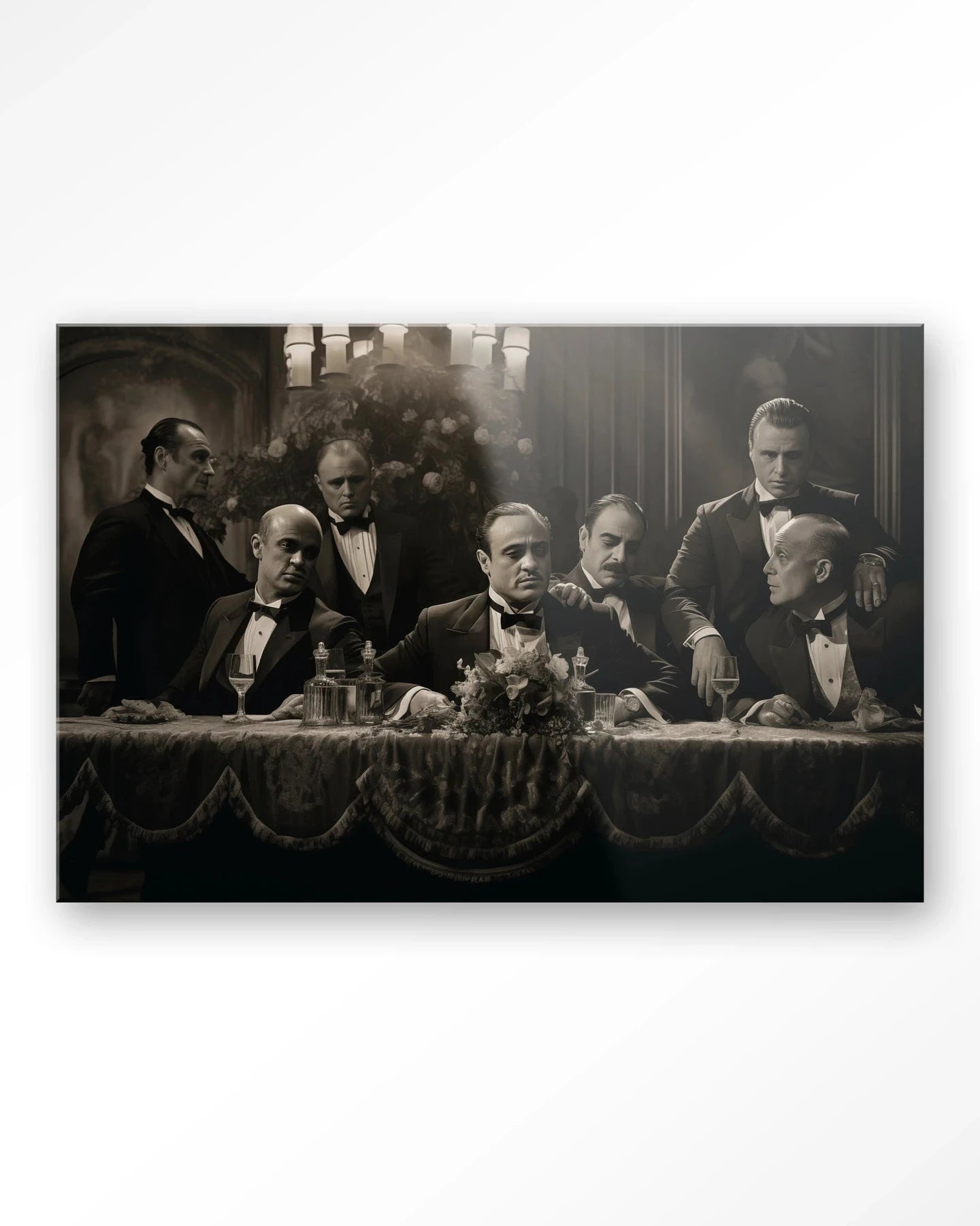 Moderne wanddecoratie met glasartwork en wandkleed van Urban Cotton, geïnspireerd door The Godfather, elegante kunst voor aan de muur