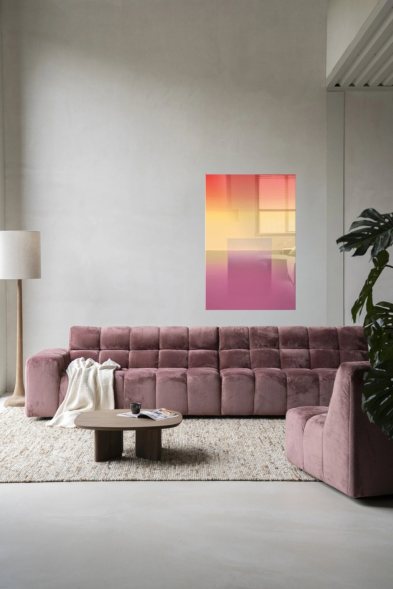 Moderne wanddecoratie van Urban Cotton met gradient glasart en wandkleed, abstracte kunst voor elke interieurstijl