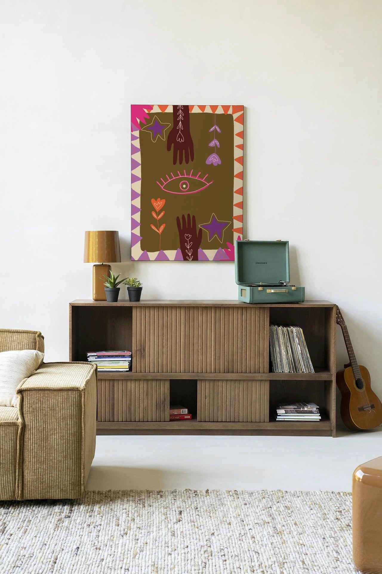 Moderne wanddecoratie met kunstafdruk van handen, inclusief glaskunst en wandkleed, door Urban Cotton op een frame.