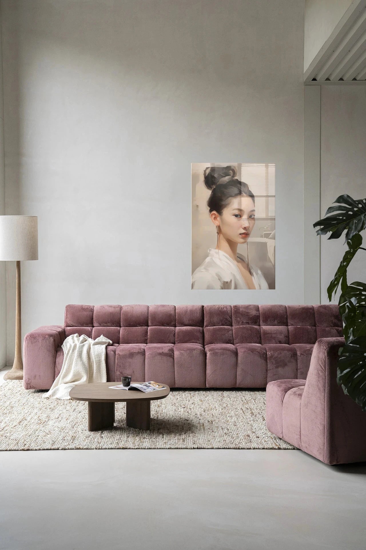 Moderne kunstwanddecoratie van Urban Cotton, glas artprint met kleurrijk Haruto ontwerp en wandkleed voor interieurdecoratie