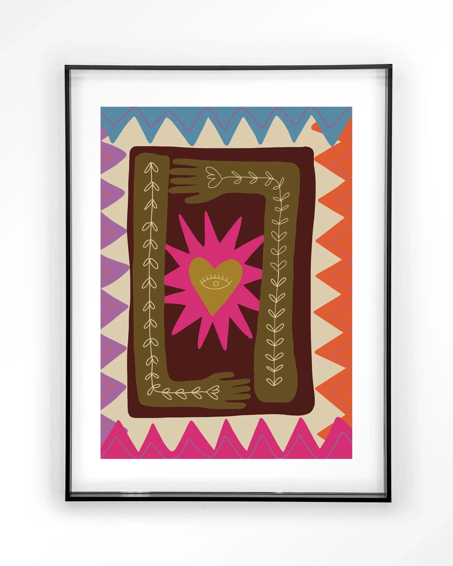 Moderne kunstprint "Hug" van Urban Cotton met zwart acryl frame, geschikt als wanddecoratie, glasart en wandkleed.