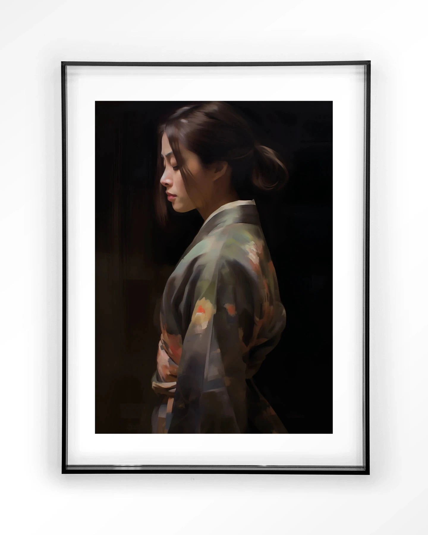 Moderne kunstprint van Kimono Tales door Urban Cotton, ingelijst in zwart acryl, wanddecoratie met kleurrijk ontwerp en textuur.