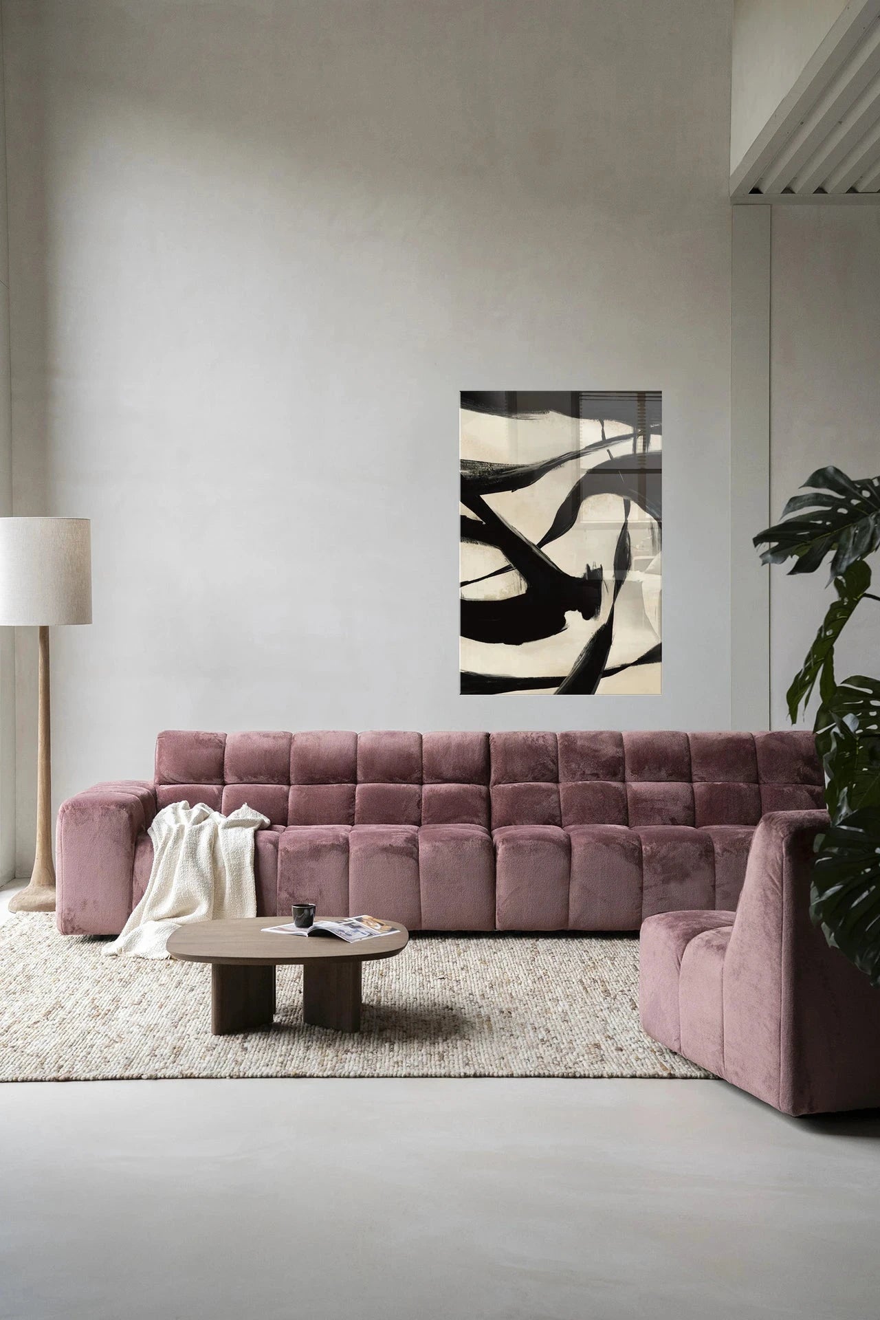 Moderne wanddecoratie van Urban Cotton, glaskunstwerk met Nocturne Fortex ontwerp en abstracte patronen op wandkleed en artprint