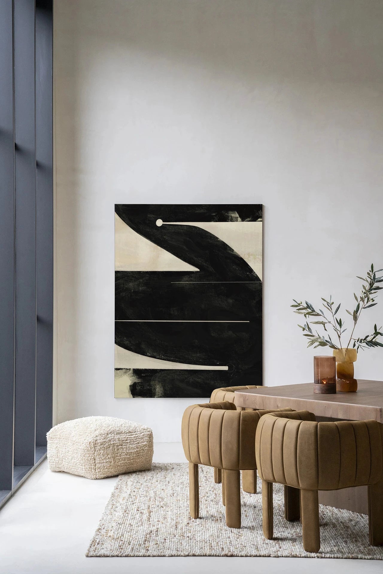 Moderne wanddecoratie van Urban Cotton met Nocturne Oasis kunstprint en wandkleed in een stijlvolle frame, kleurrijk en abstract ontwerp.