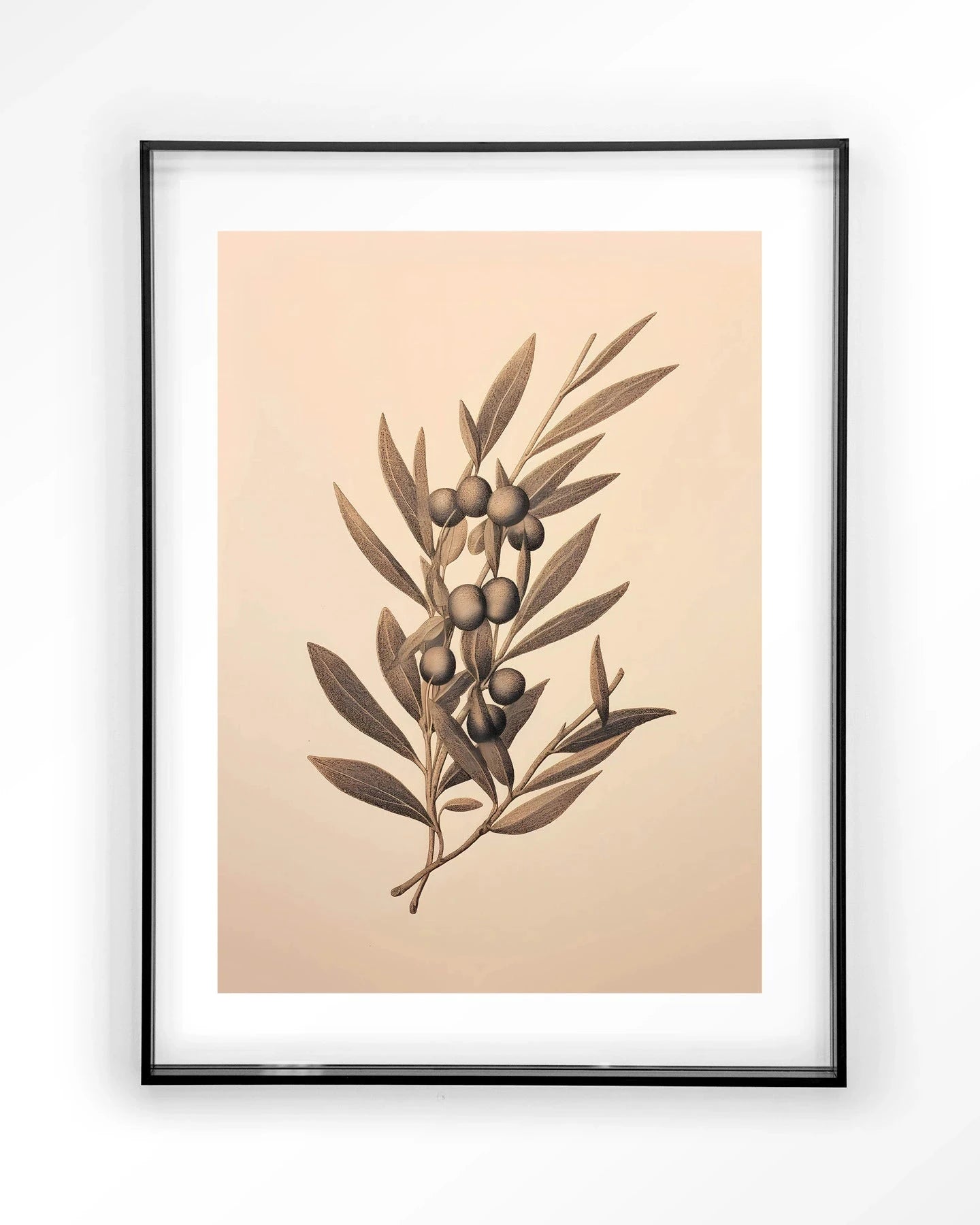 Moderne Oliva kunstprint van Urban Cotton met zwart acrylframe, wanddecoratie met glas en textiel voor muurversiering