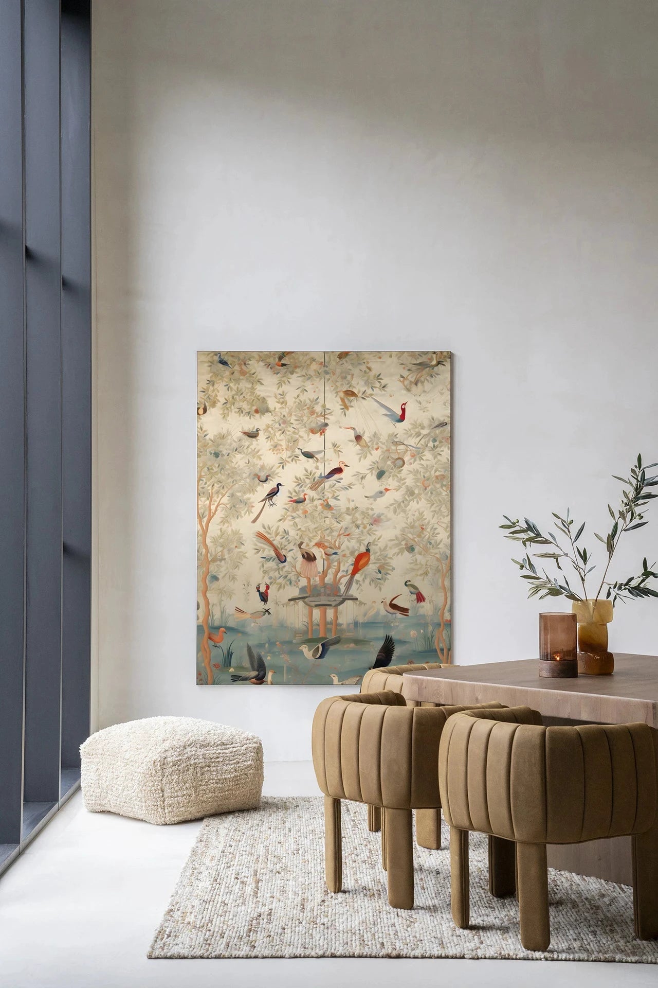 Moderne wanddecoratie van Urban Cotton met kunstprint, glasart en wandkleed met oosterse motieven in een elegante frame
