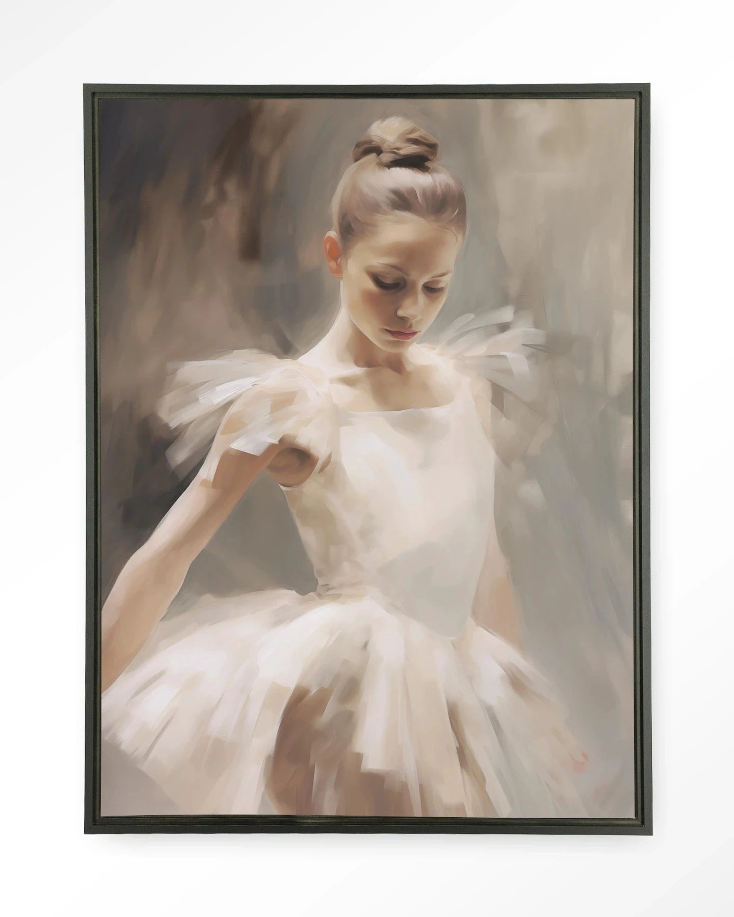 Moderne wanddecoratie met afbeelding van een dansende ballerina, in een zwart wandkleed met een zwevende lijst, door Urban Cotton