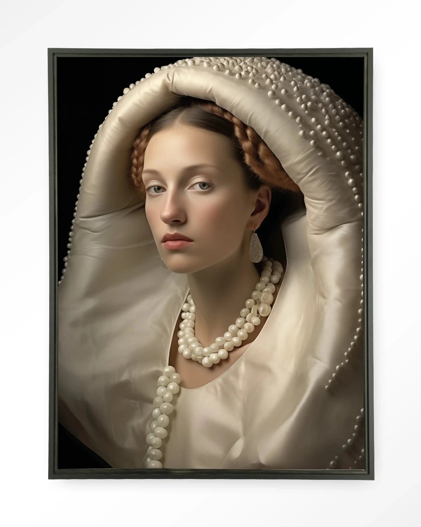 Moderne wanddecoratie van Urban Cotton met kunstprint van Queen of Pearls, glas kunst en wandkleed in zwart, zwevend frame.