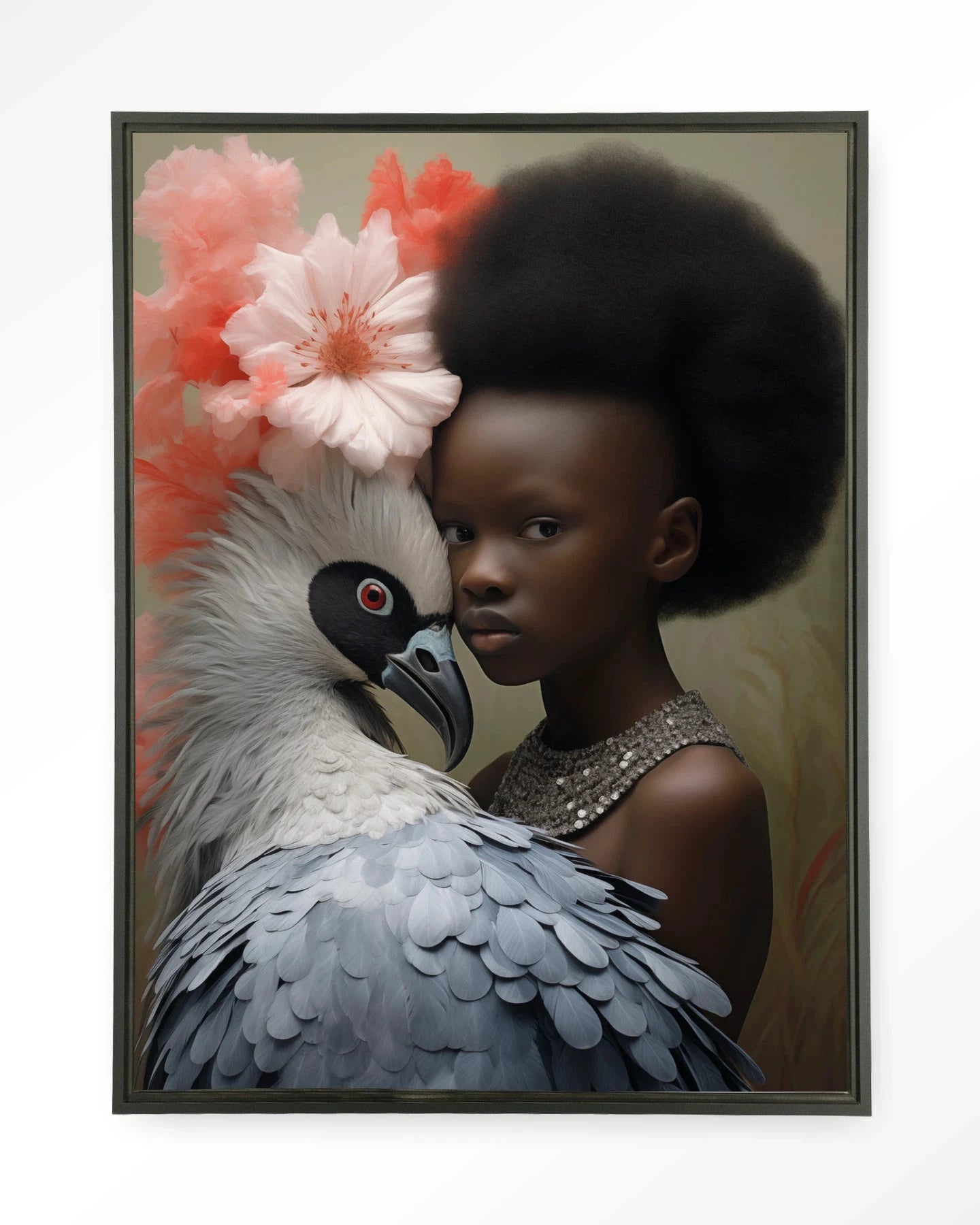 Moderne wanddecoratie met zwart wandkleed en floating frame, Urban Cotton Reye kunstprint voor stijlvolle muurversiering