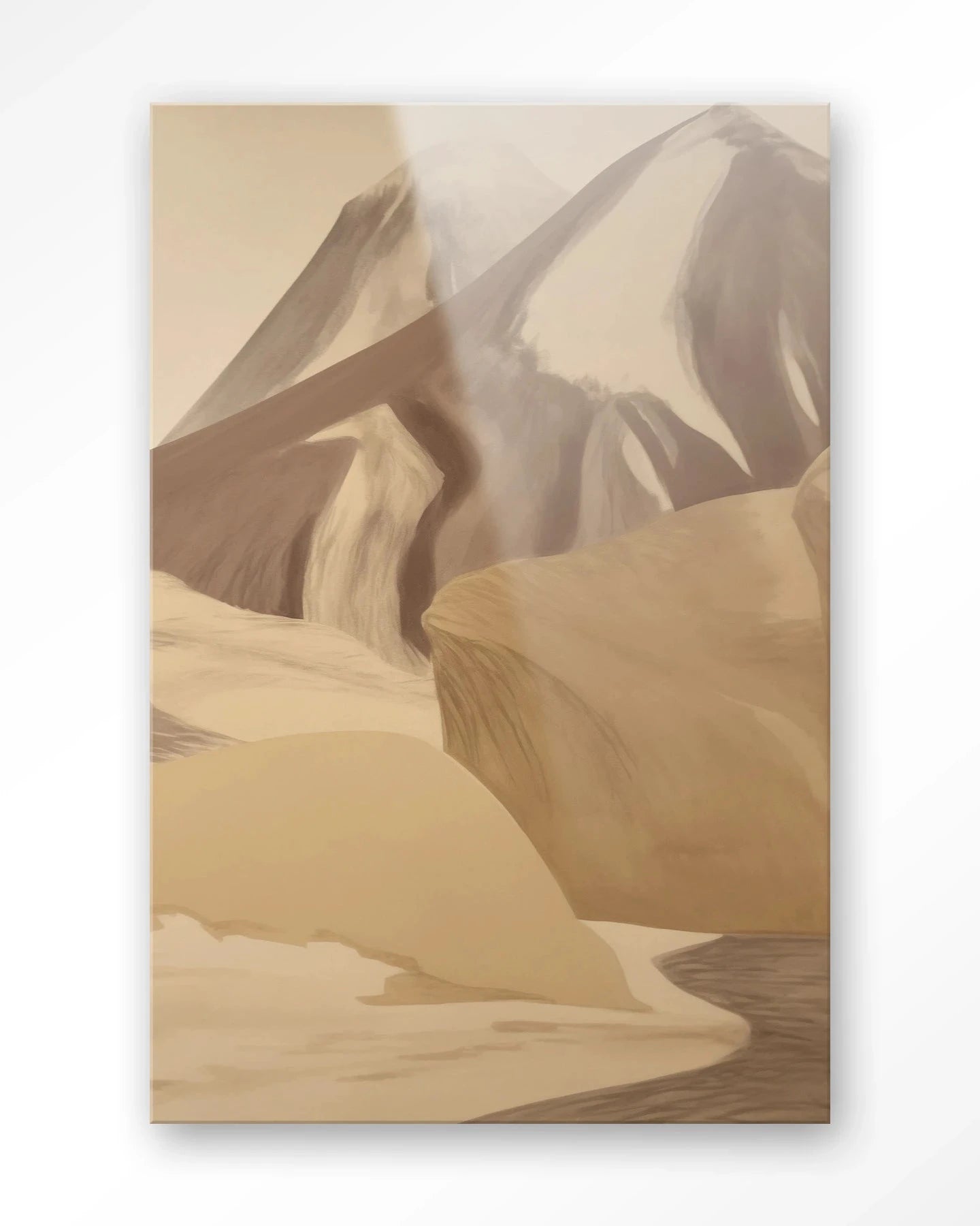 Modern kunstwerk van Urban Cotton met glaskunst en wandkleed met Rocky Mountain landschap, kleurrijk en decoratief.
