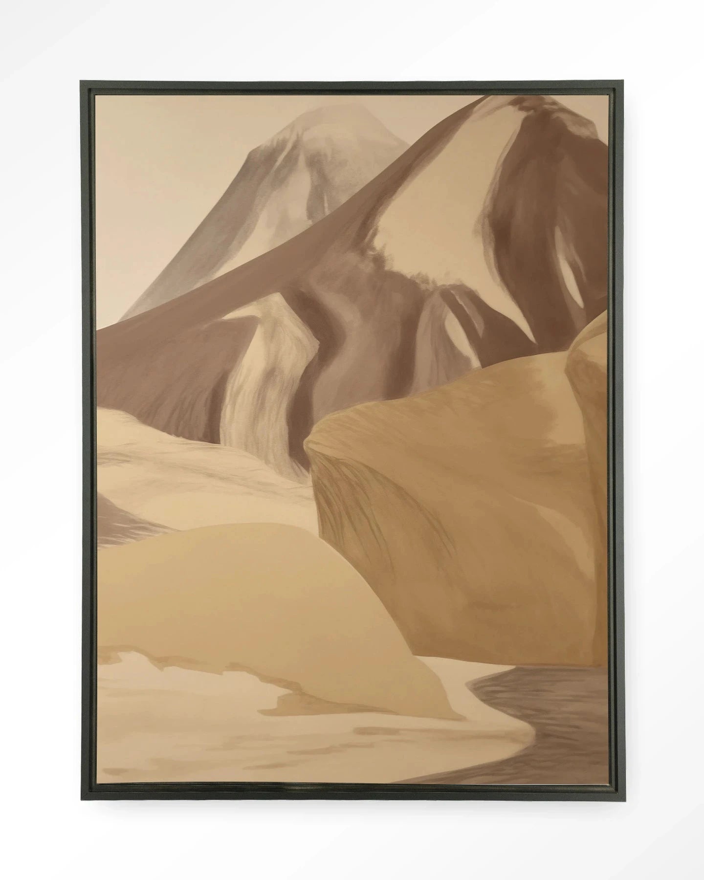 Moderne wanddecoratie van Urban Cotton met Rocky Mountain thema, inclusief wandkleed en zwart glazen lijst.