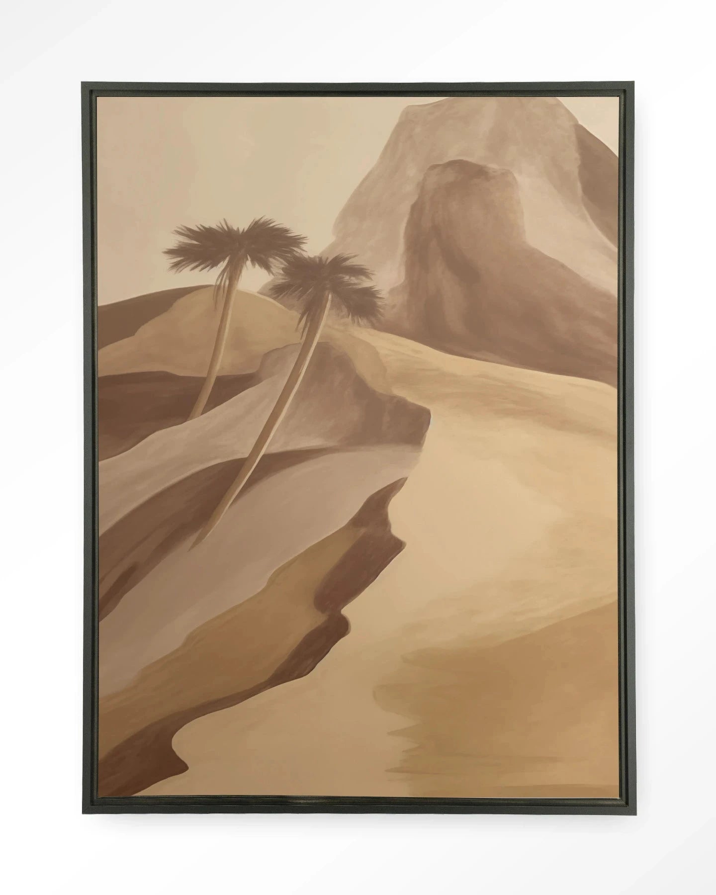 Moderne wanddecoratie van Urban Cotton met Rocky Palm kunstprint en wandkleed in zwart frame, stijlvolle muurversiering voor in huis.