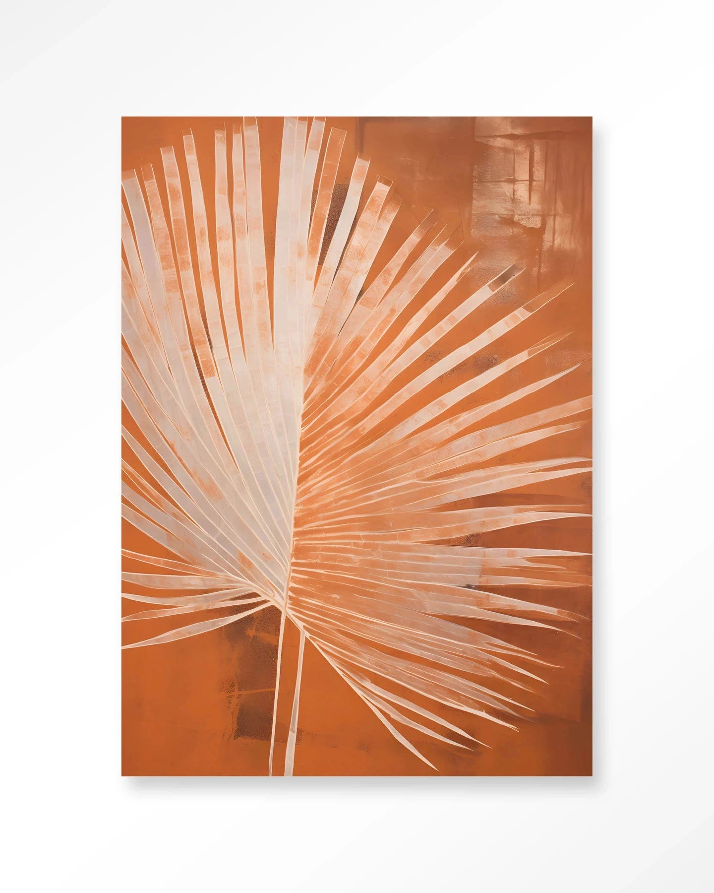 Moderne wanddecoratie van Urban Cotton met een artprint van een roestige palm in glas en textiel.