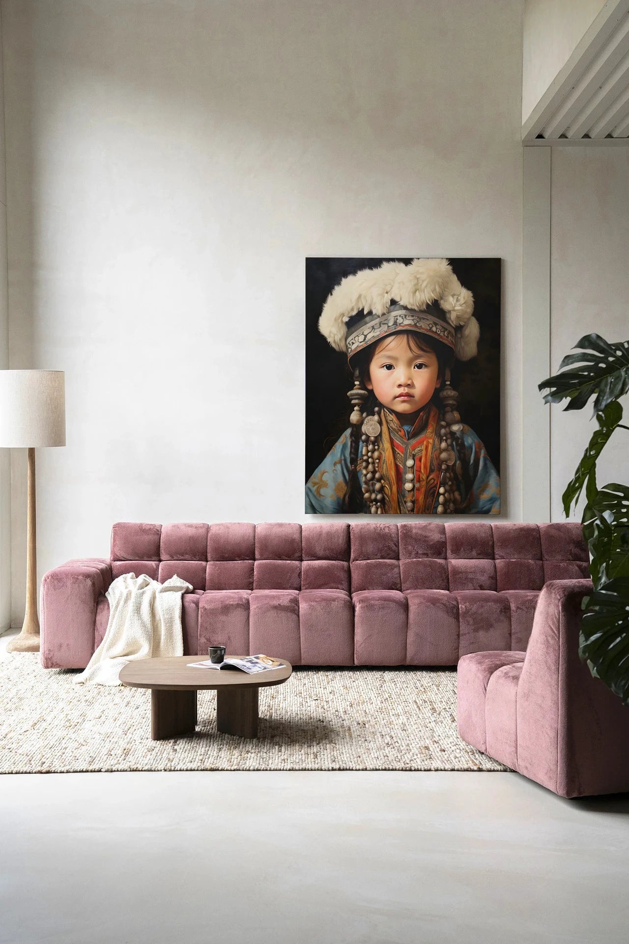 Traditioneel kinderkunstwerk van Urban Cotton, wandkleed met afbeelding van een meisje, modern glasart en wanddecoratie.