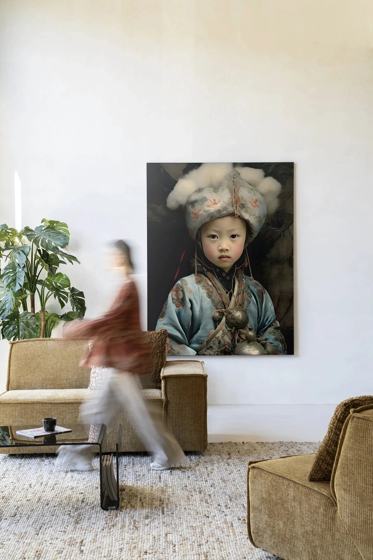 Moderne kinderkunst van Urban Cotton, wandkleed met afbeelding van een traditioneel meisje, geschikt als wanddecoratie en kunstwerk.